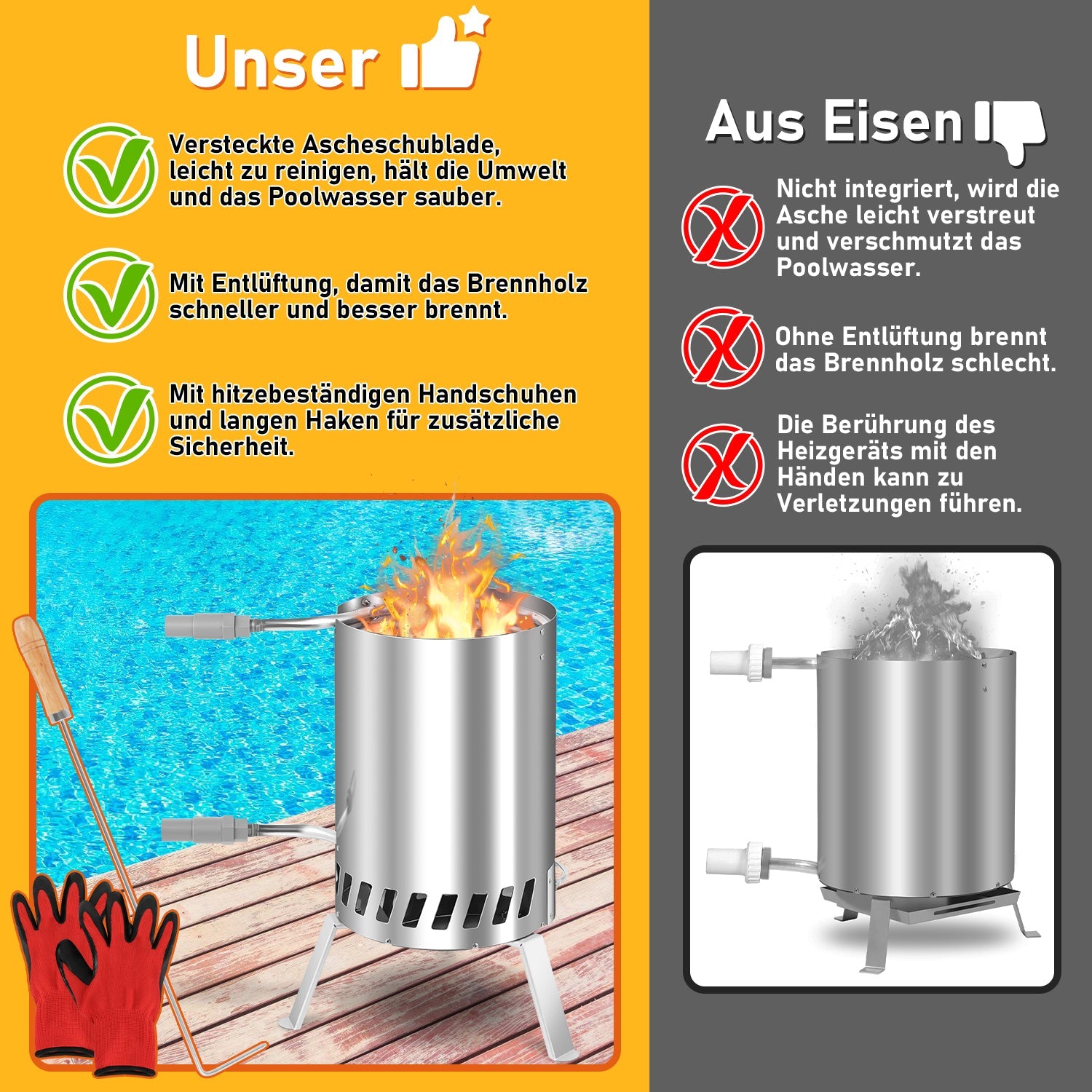 Cosmo Go Poolheizung Brennholz Feuer Feuertonne Edelstahl