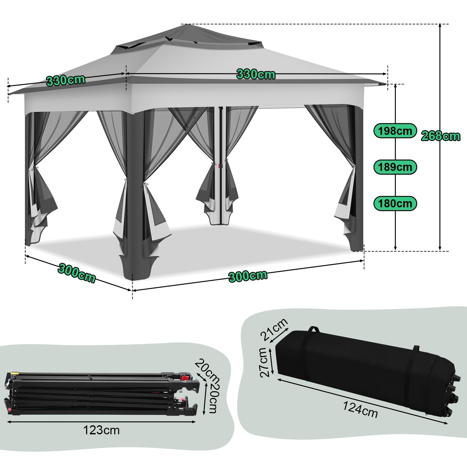 Cosmo Go Pavillon Gartenhütte Faltbares mit Doppeldach 3,3x3,3m