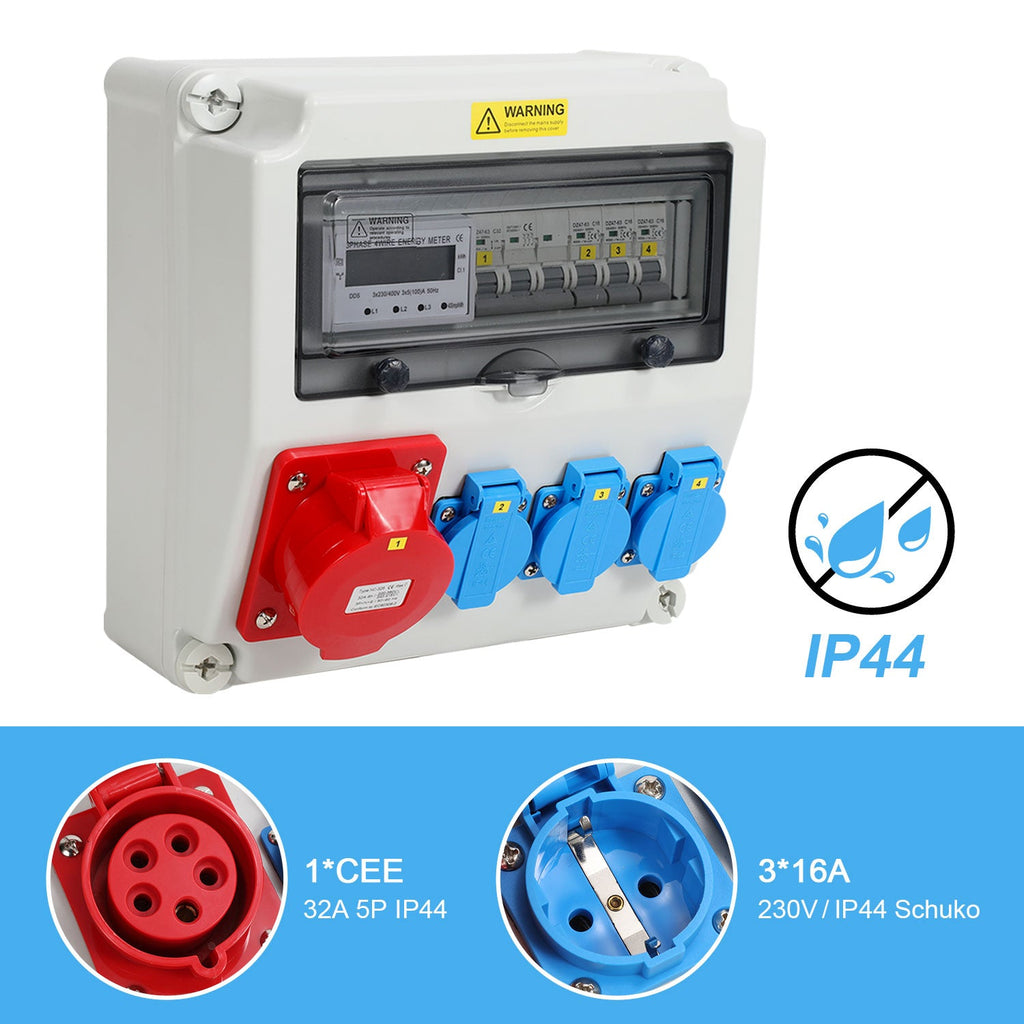 Cosmo Go Wandverteiler Baustromverteiler mit 3xSchuko-Steckdose16A 230V, 1xCEE Steckdosen 32A 5Polig mit 3-Phasen und MCB