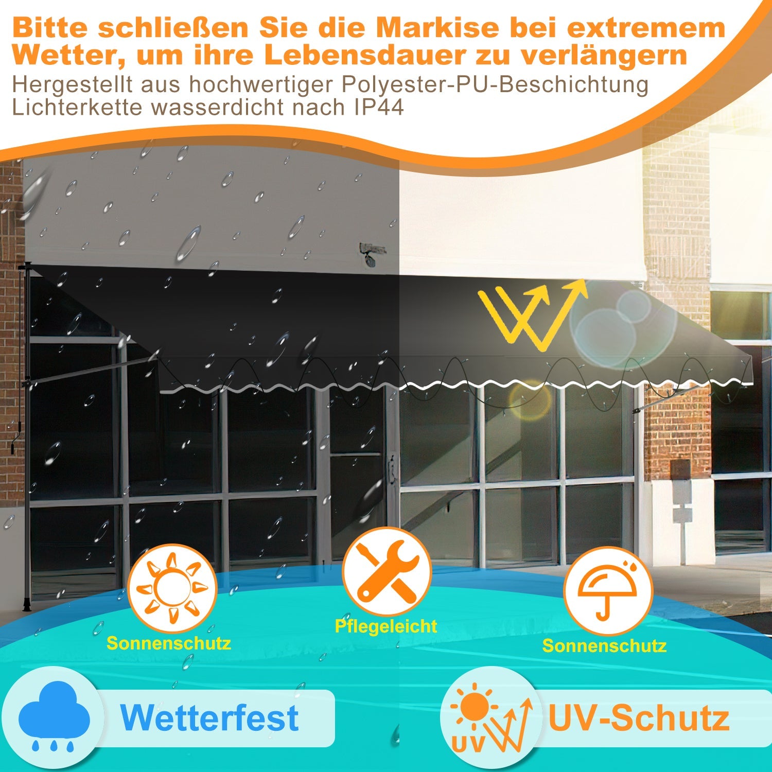 Cosmo Go Klemmmarkise mit Handkurbel mit Solar LED Lichtkette