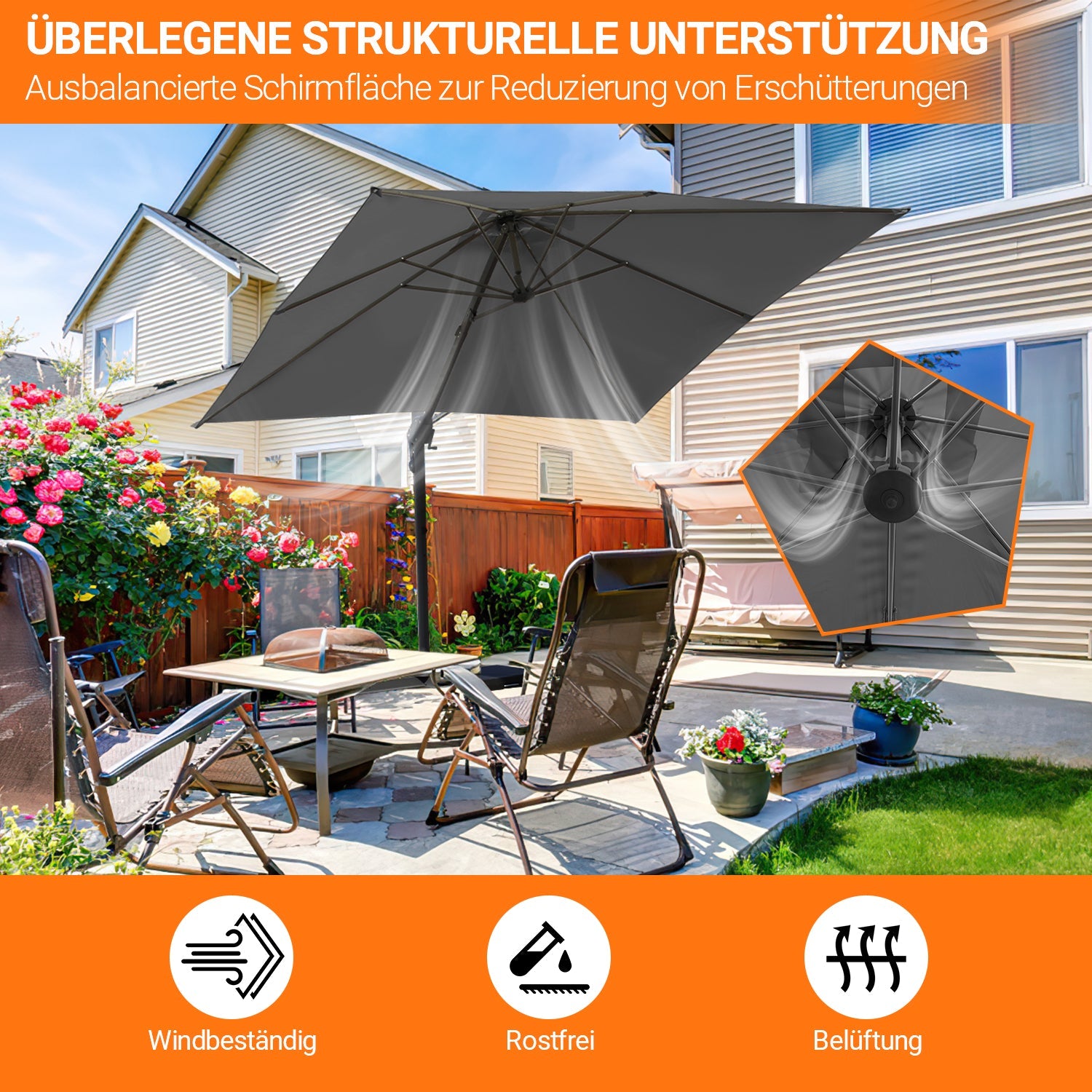 Cosmo Go Ampelschirm 300 x 300 cm Sonnenschirm 360° Drehbar