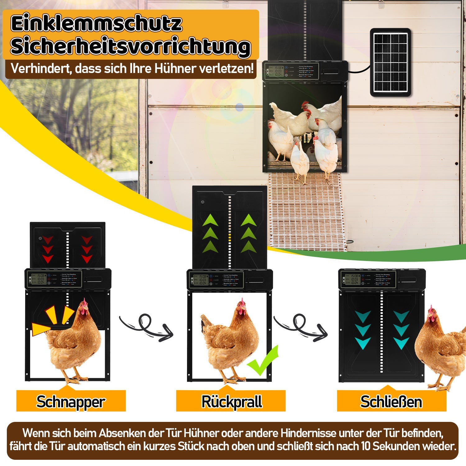 Cosmo Go Hühnerklappe Automatische Solar mit LED Display und Fernbedienung