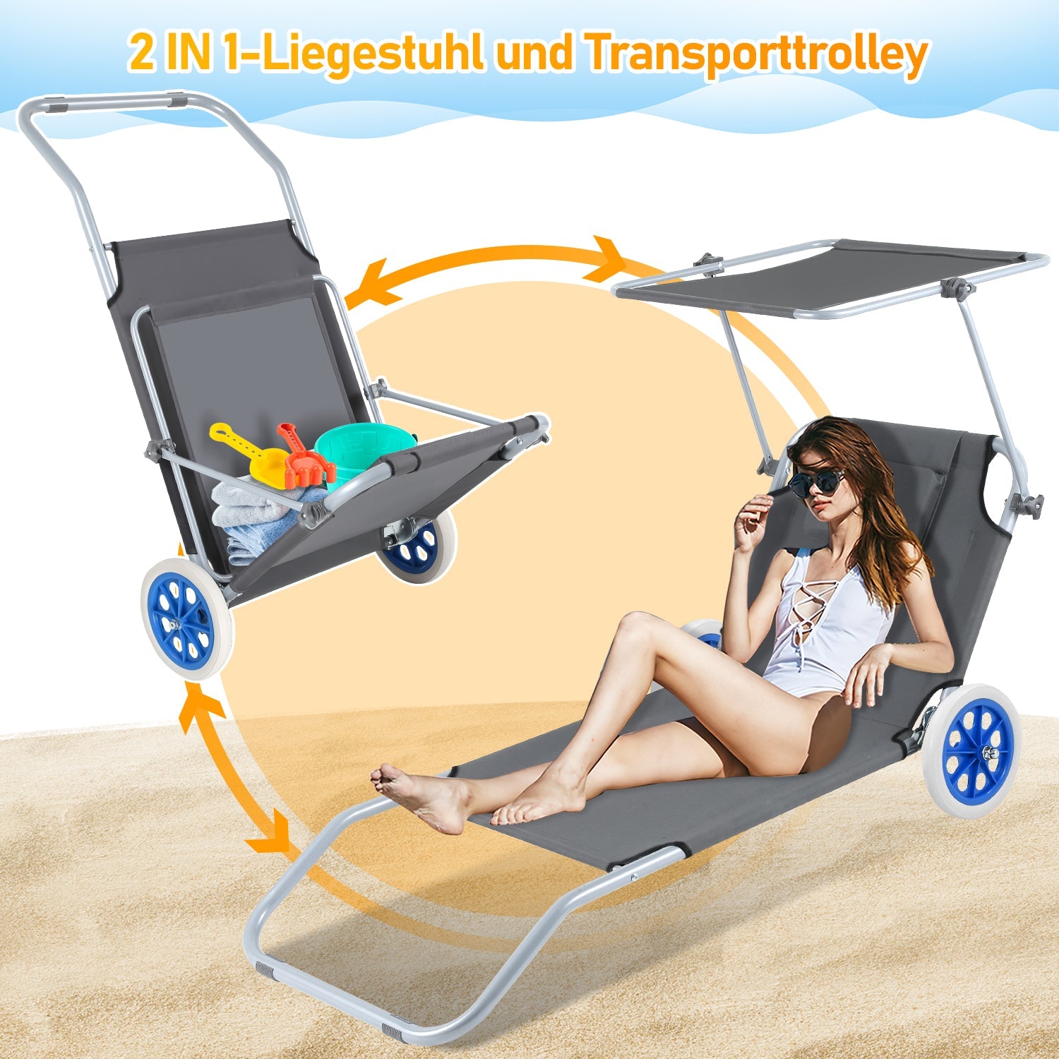 Cosmo Go Sonnenliege klappbar Aluminium mit Rollen und Sonnendach