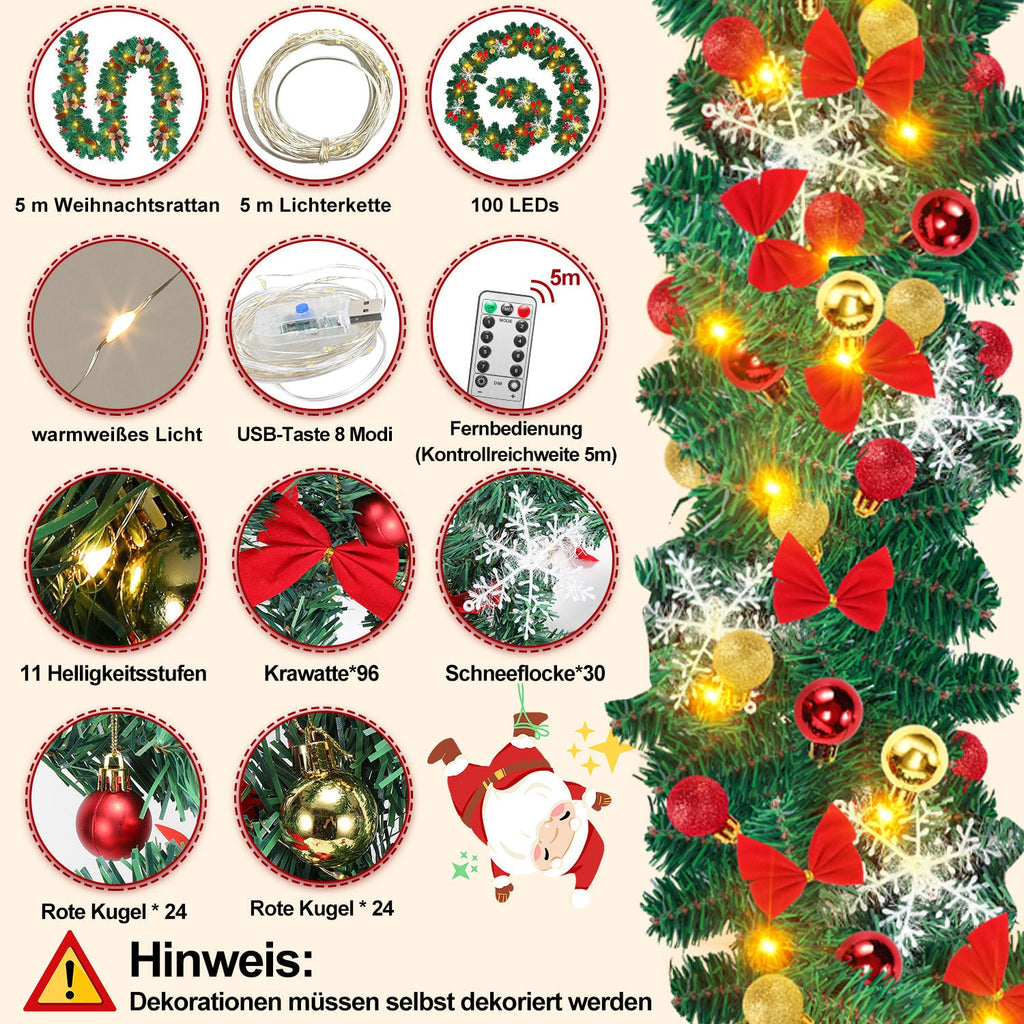 Cosmo Go Weihnachtsgirlande 100 LEDs mit Deko und Fernbedienung 5m