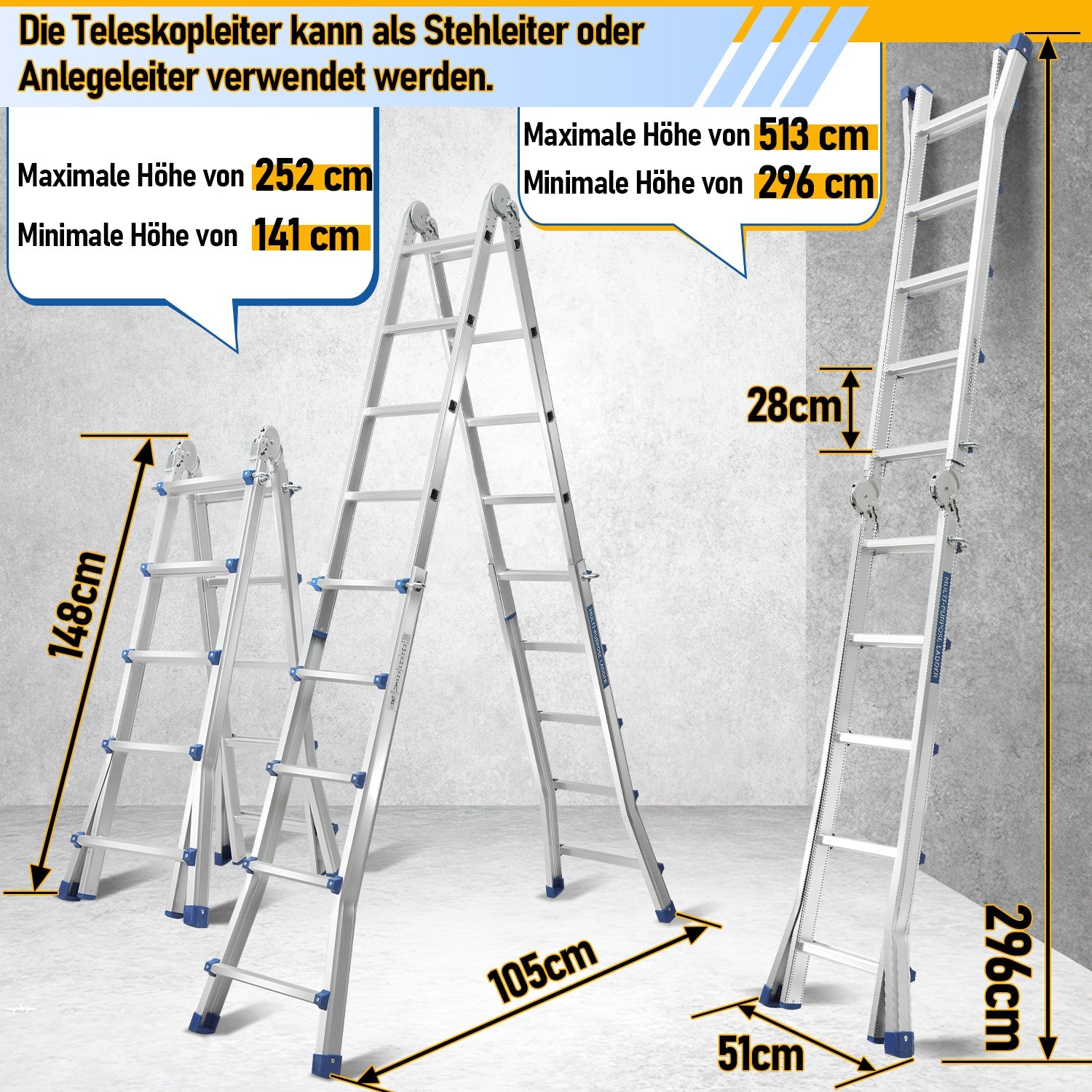 Cosmo Go Teleskopleiter Multifunktionsleiter 3 in 1 Aluleiter