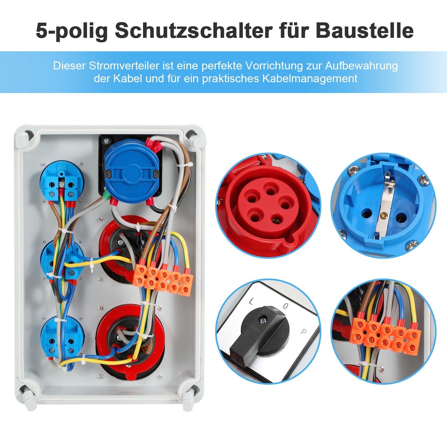 Cosmo Go Wandverteiler mit L-0-P Nockenschalter und MCB, 3xSchuko-Steckdose und CEE-Steckdose 16/32A