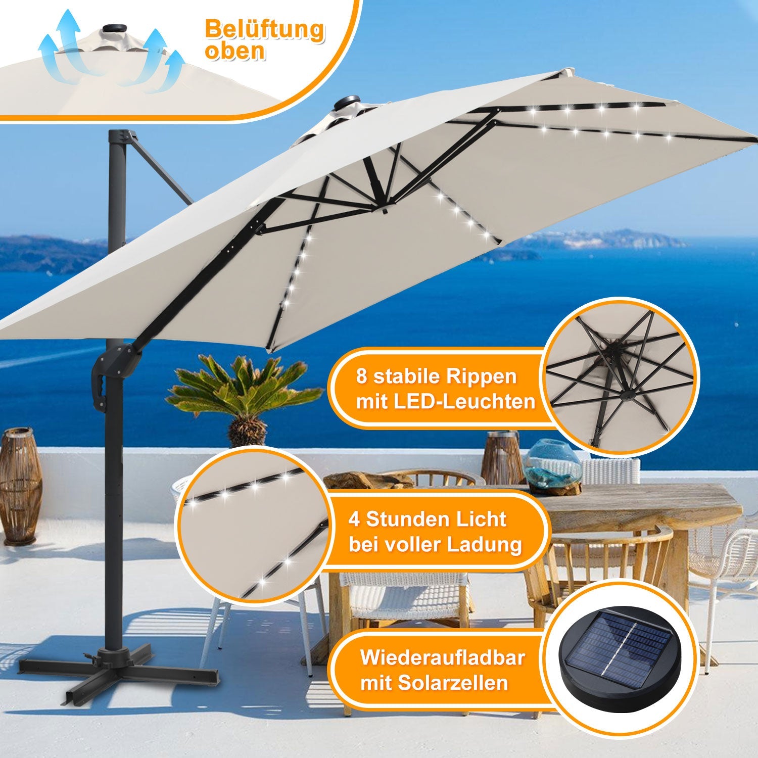 Cosmo Go Ampelschirm 300 x 300 cm Sonnenschirm 360° Drehbar mit Solar-LED