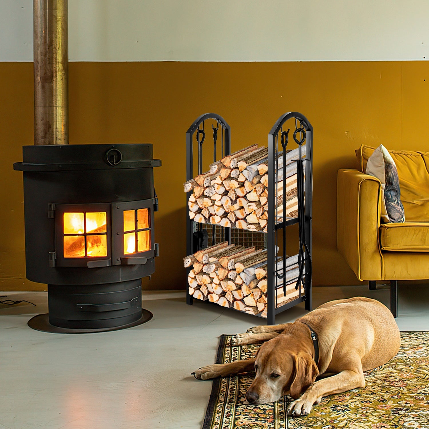 Cosmo Go Doppelstöckiges Kaminholzregal mit 4 Kaminwerkzeug