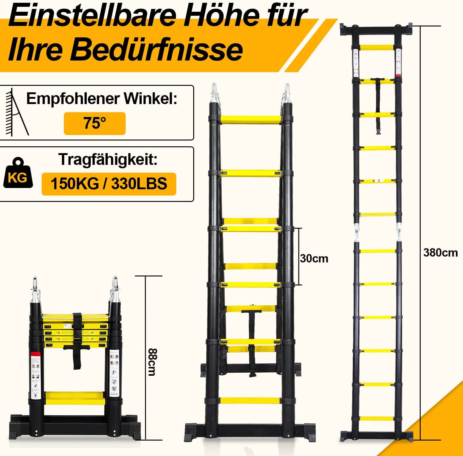 Cosmo Go Teleskopleiter Tragbar Alu Max Belastung 150 kg 3.8M (1.9+1.9M)