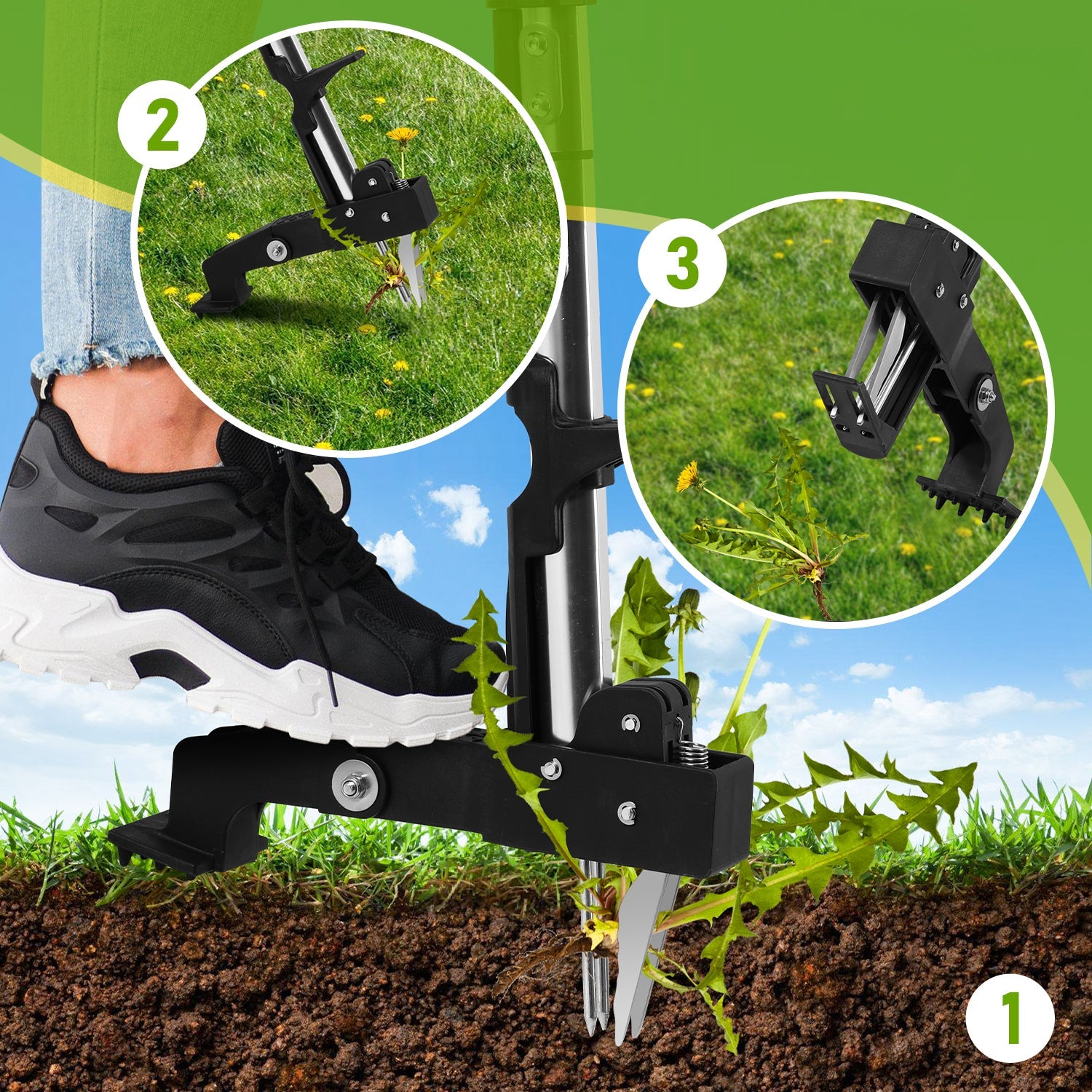 Cosmo Go Unkrautstecher Löwenzahnstecher mit Stiel,Auswerfer und Fußpedal