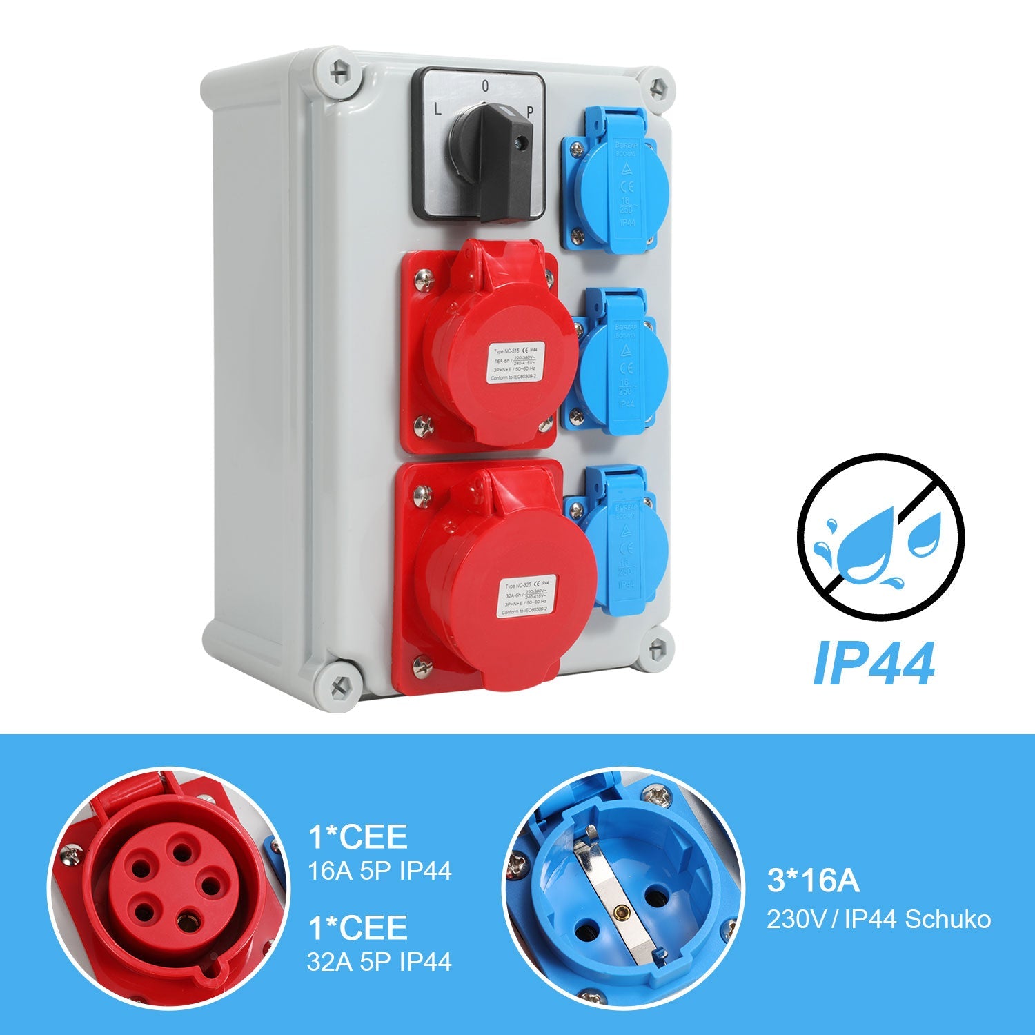 Cosmo Go Wandverteiler mit L-0-P Nockenschalter und MCB, 3xSchuko-Steckdose und CEE-Steckdose 16/32A