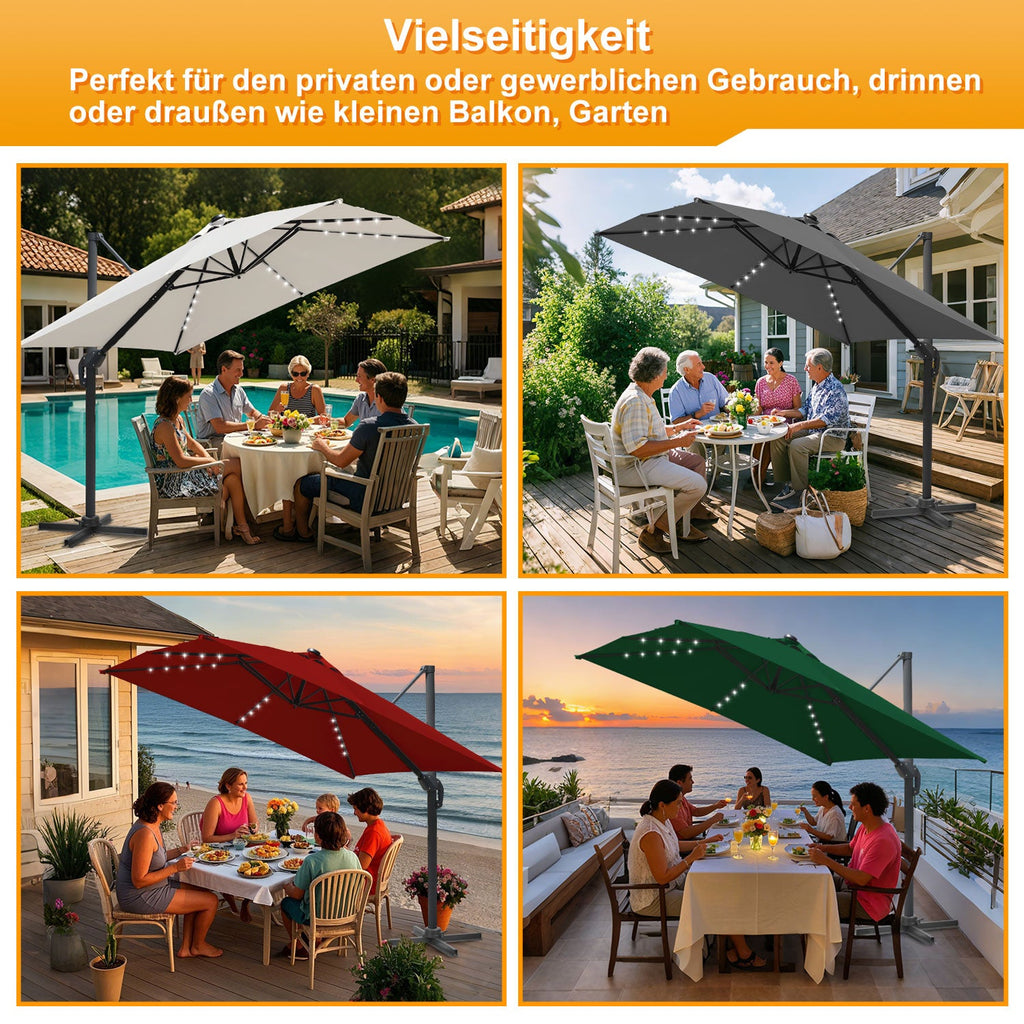 Cosmo Go Ampelschirm 300 x 300 cm Sonnenschirm 360° Drehbar mit Solar-LED