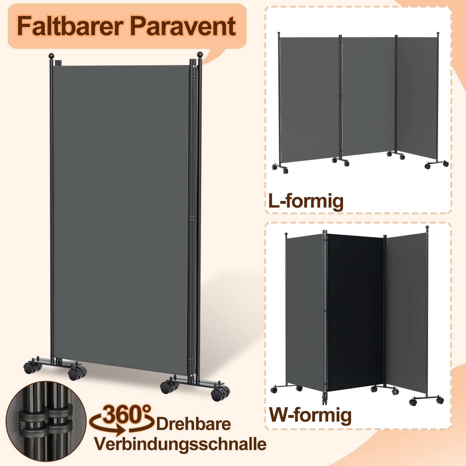 Cosmo Go Paravent Raumteiler 1/3/4/5 Teilig Trennwand mit Rollen