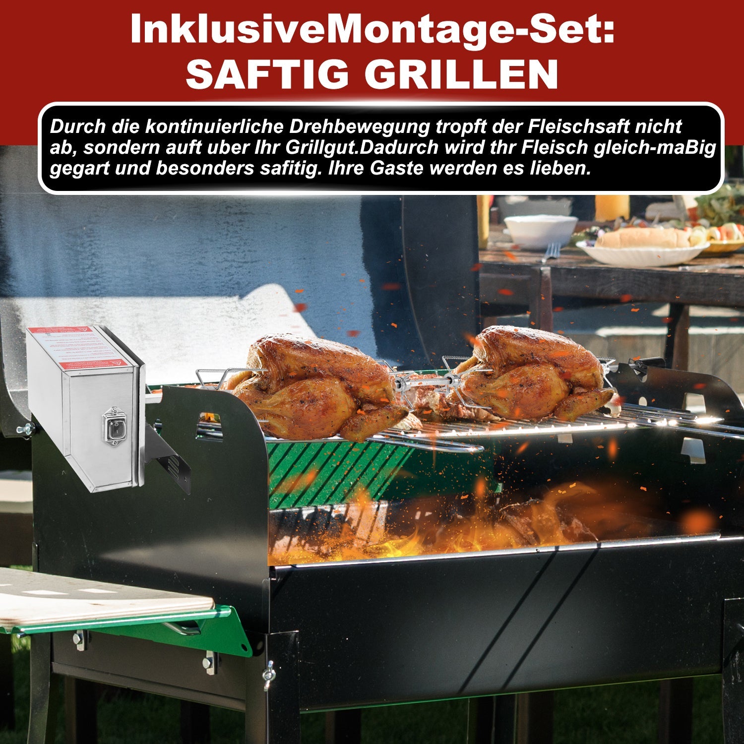 Cosmo Go BBQ Grillspieß Edelstahl Motor 4x Fleischnadel