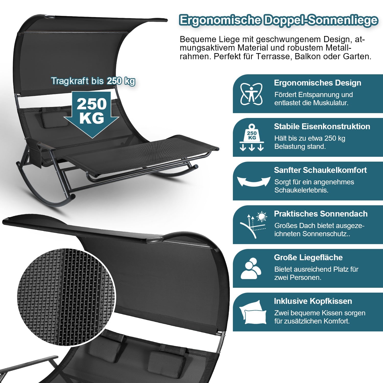 Cosmo Go Doppelliege Sonnenliege mit Sonnendach Outdoor