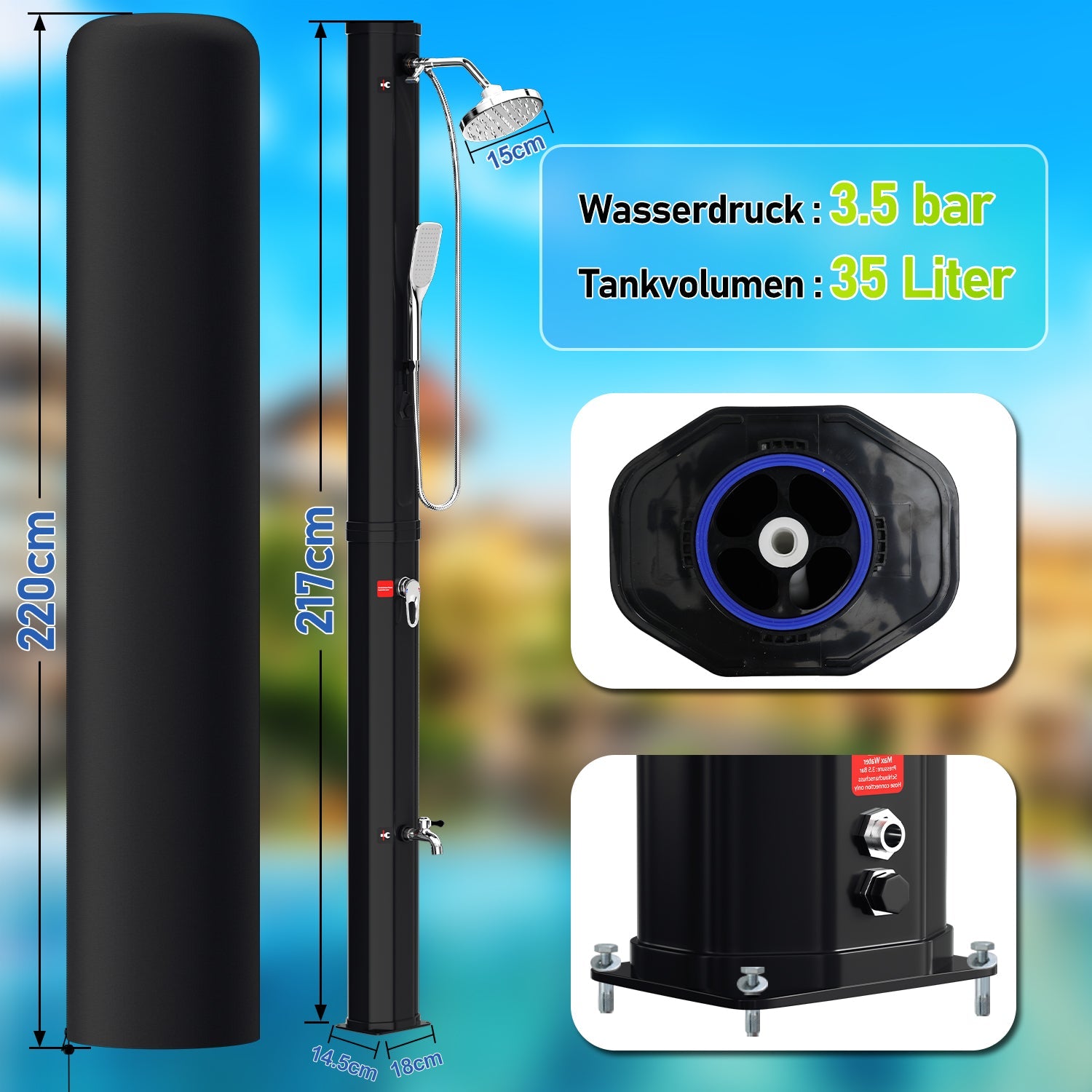 Cosmo Go 35L Solardusche Gartendusche Inkl. Schutzhaube und Handbrause