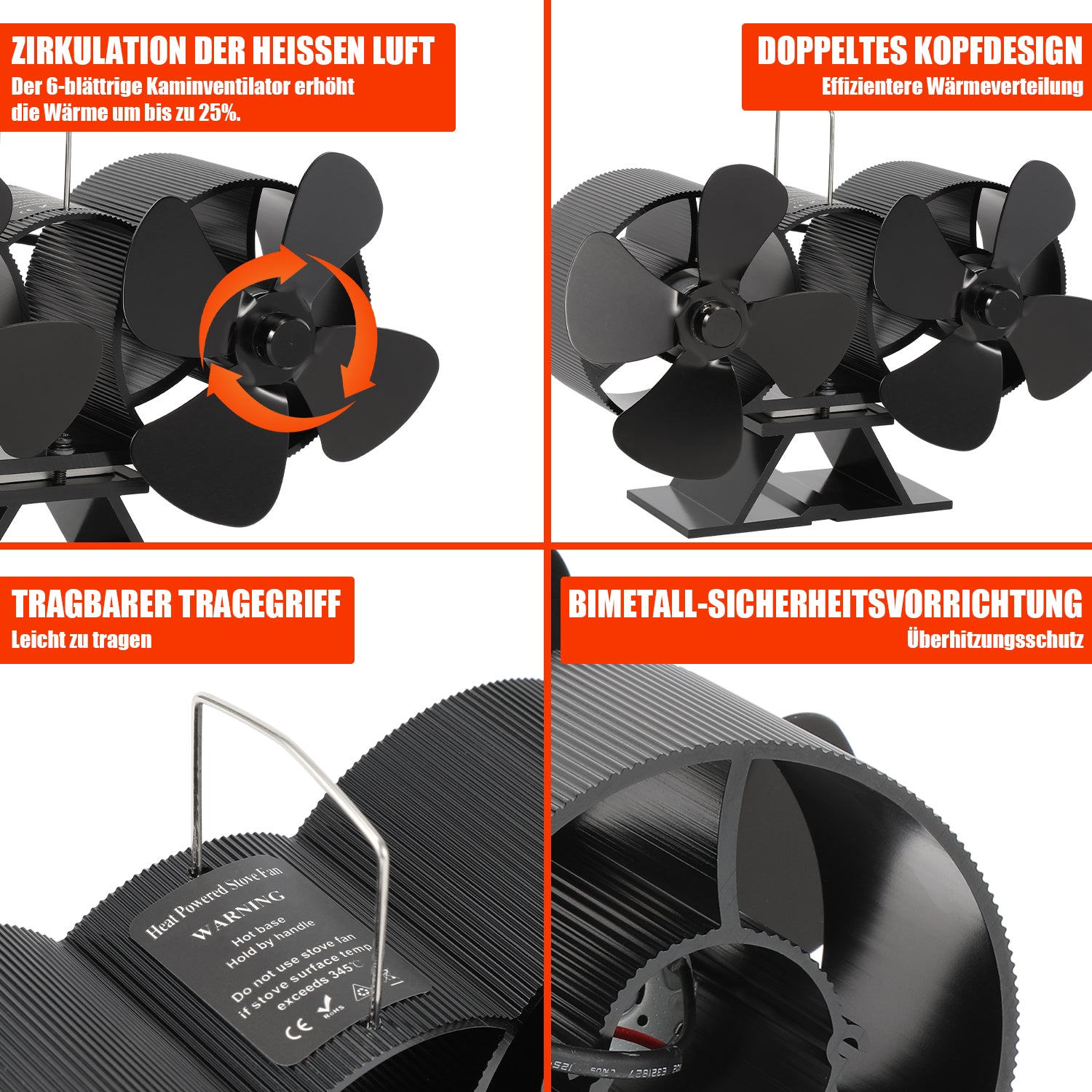 Cosmo Go 8 Blättern Kaminventilator mit Thermometer(Neue Version)