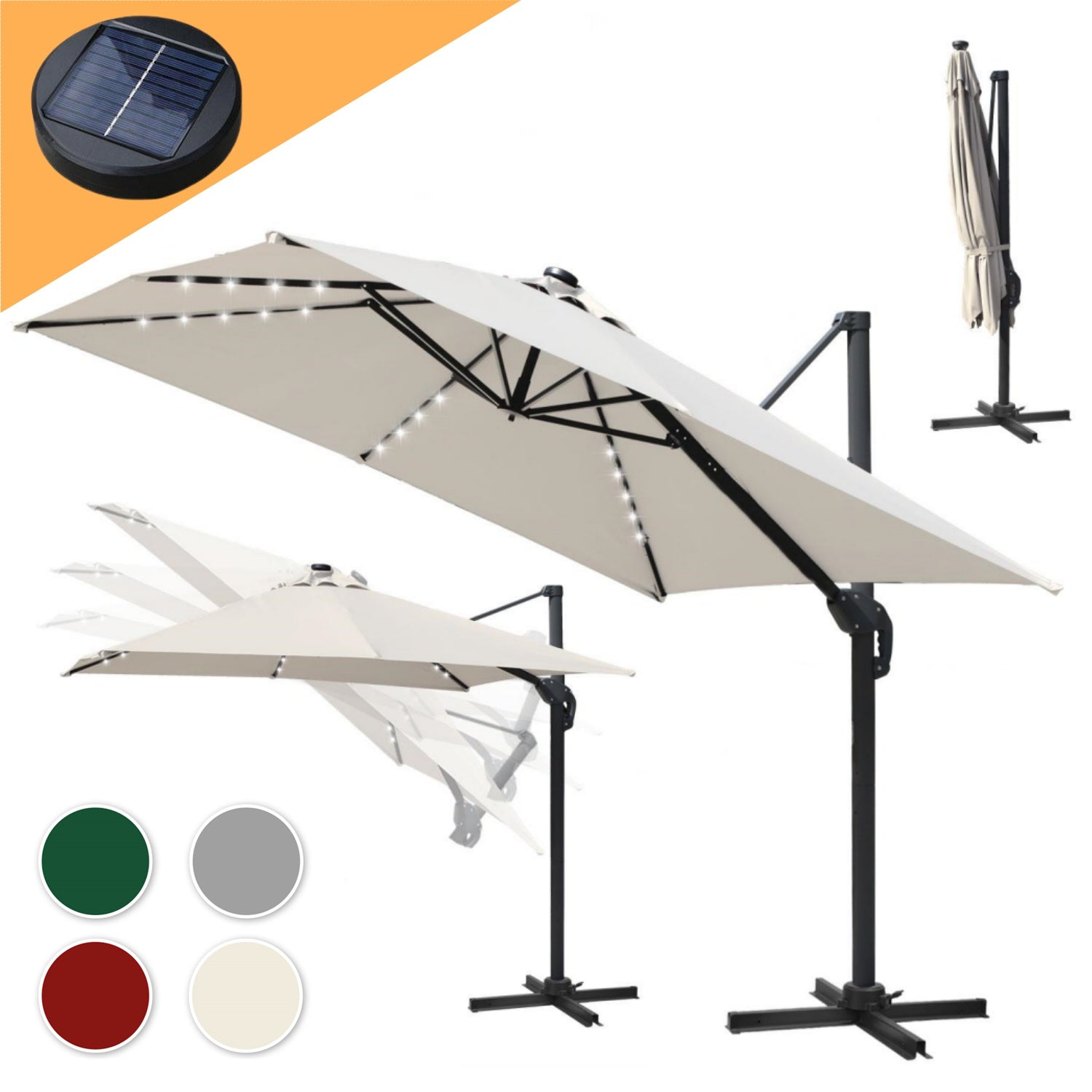 Cosmo Go Ampelschirm 300 x 300 cm Sonnenschirm 360° Drehbar mit Solar-LED