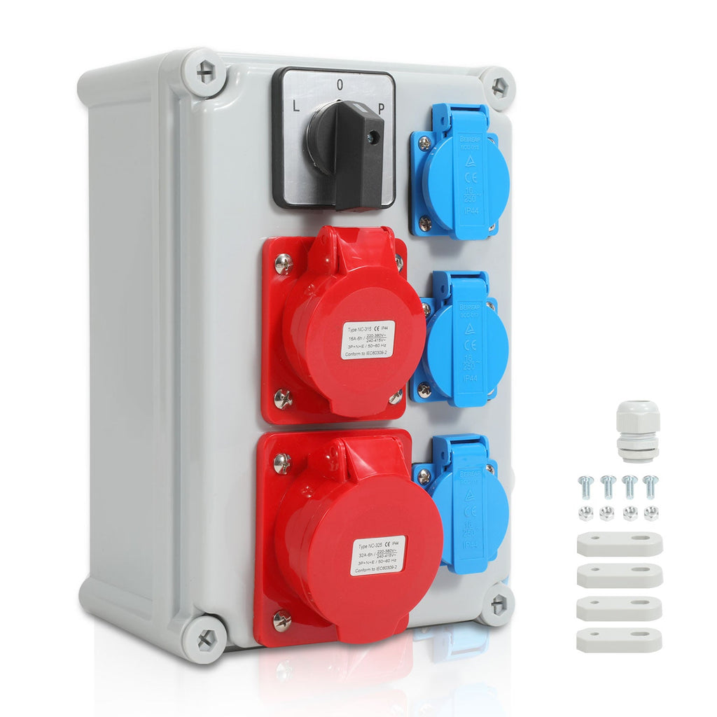 Cosmo Go Wandverteiler mit L-0-P Nockenschalter und MCB, 3xSchuko-Steckdose und CEE-Steckdose 16/32A