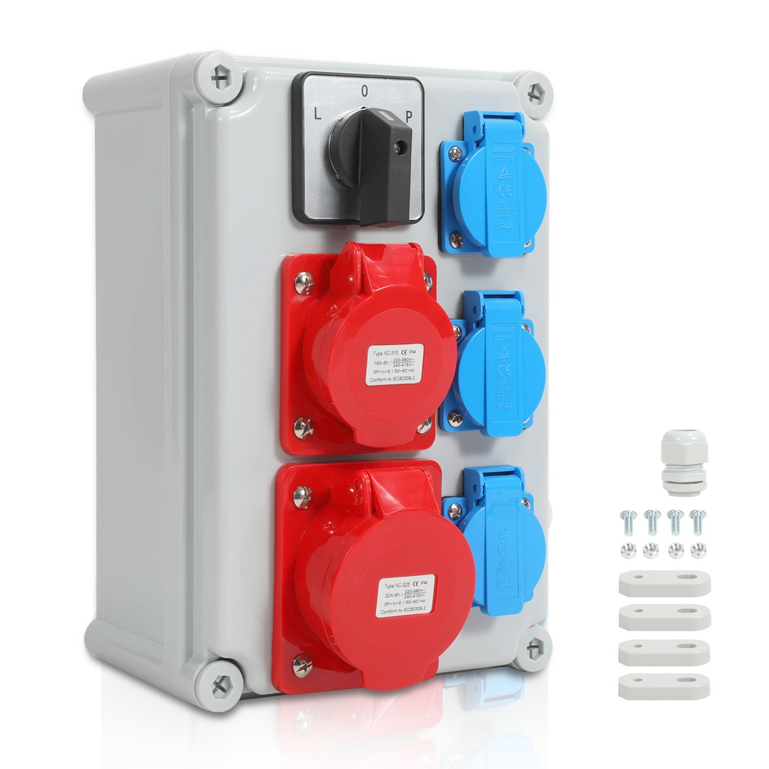 Cosmo Go Wandverteiler mit L-0-P Nockenschalter und MCB, 3xSchuko-Steckdose und CEE-Steckdose 16/32A