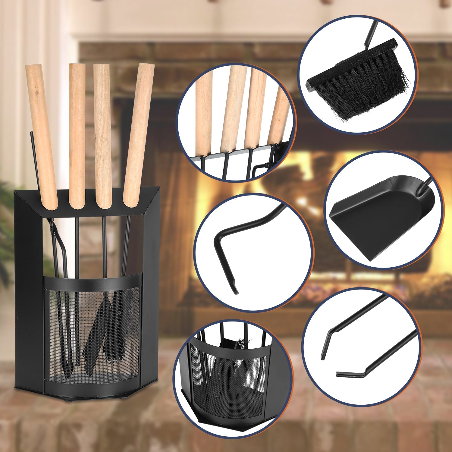 Cosmo Go Kaminbesteck 4-teiliges Kaminbesteck Set Holzgriff