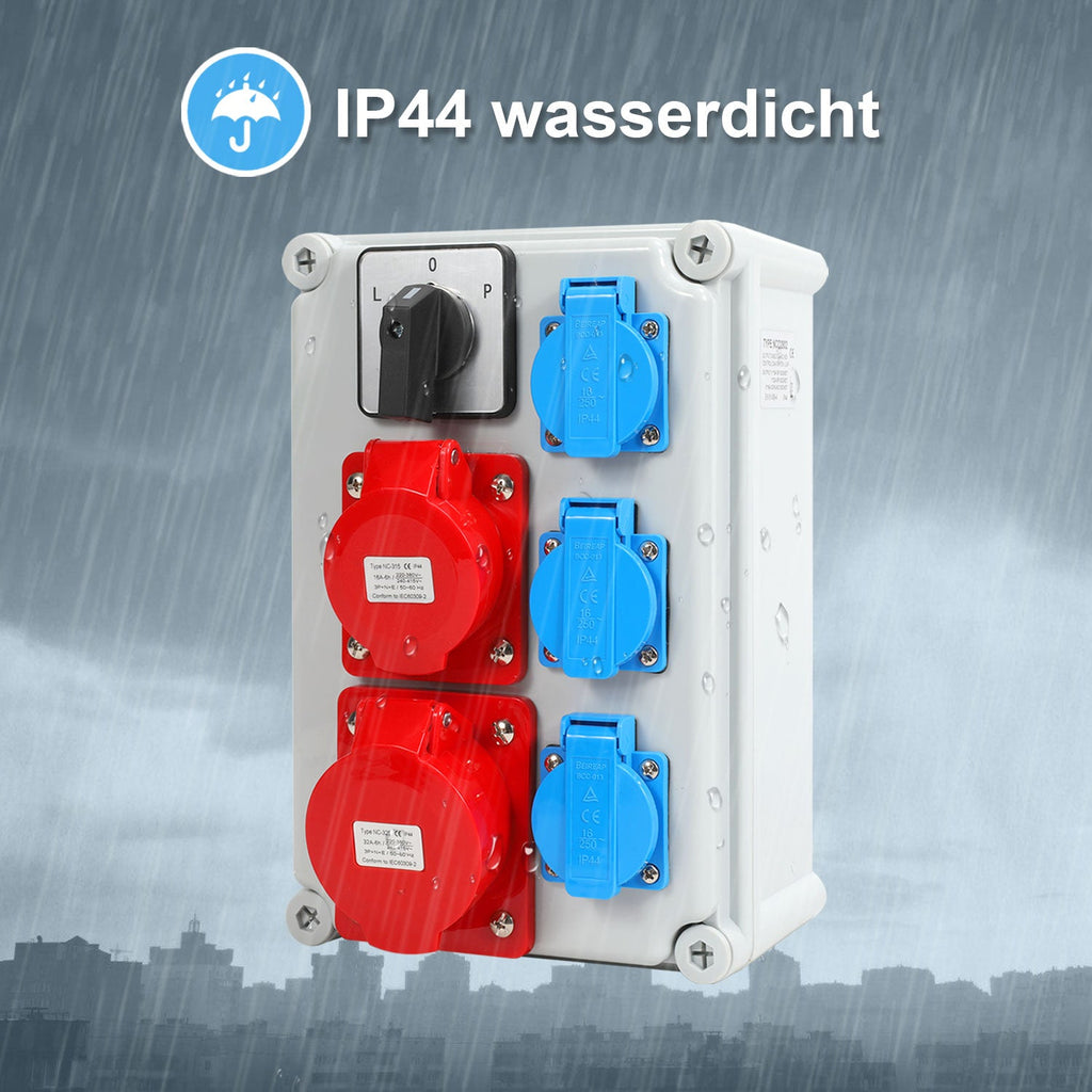 Cosmo Go Wandverteiler mit L-0-P Nockenschalter und MCB, 3xSchuko-Steckdose und CEE-Steckdose 16/32A