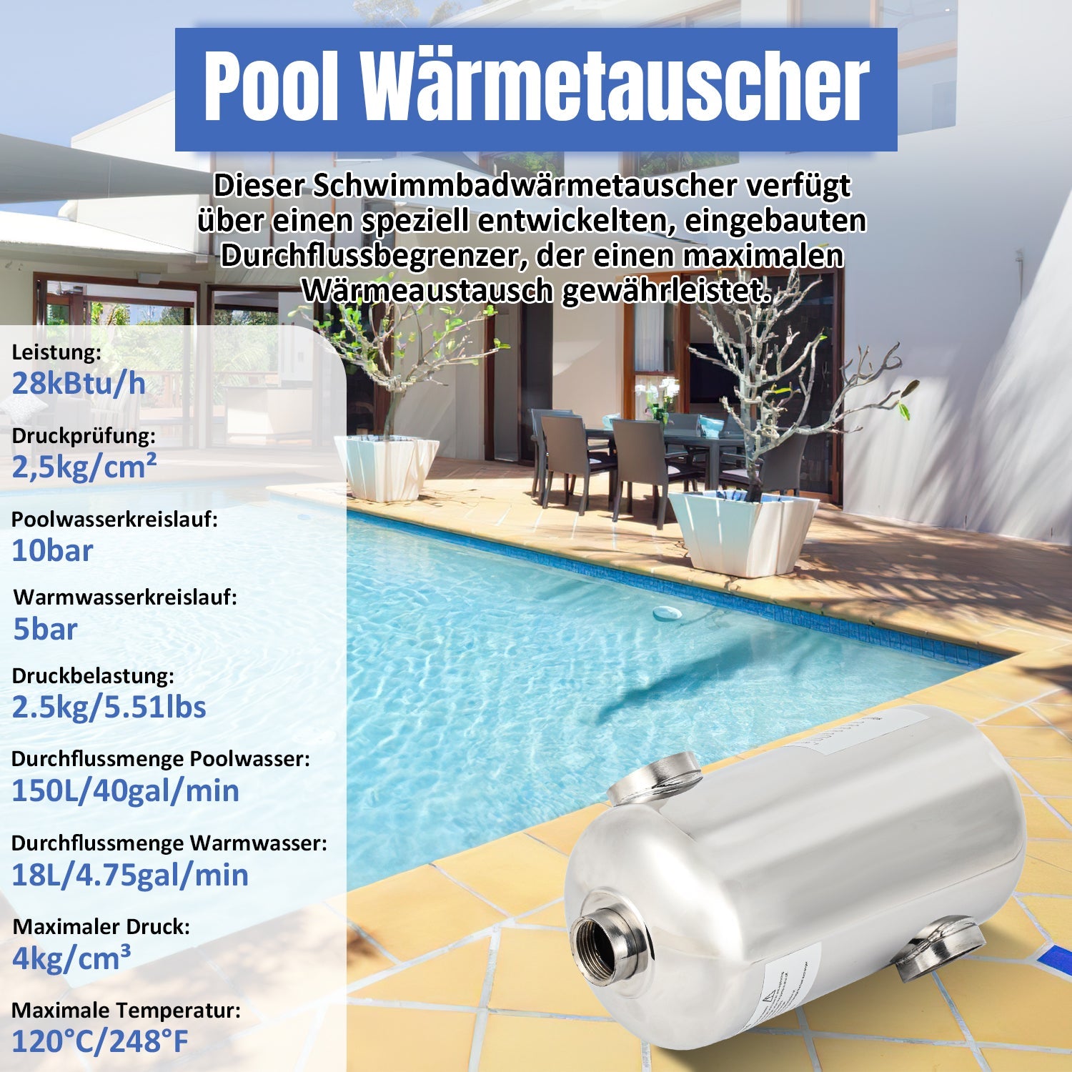 Cosmo Go Schwimmbad Wärmetauscher Edelstahl 28KW/60KW