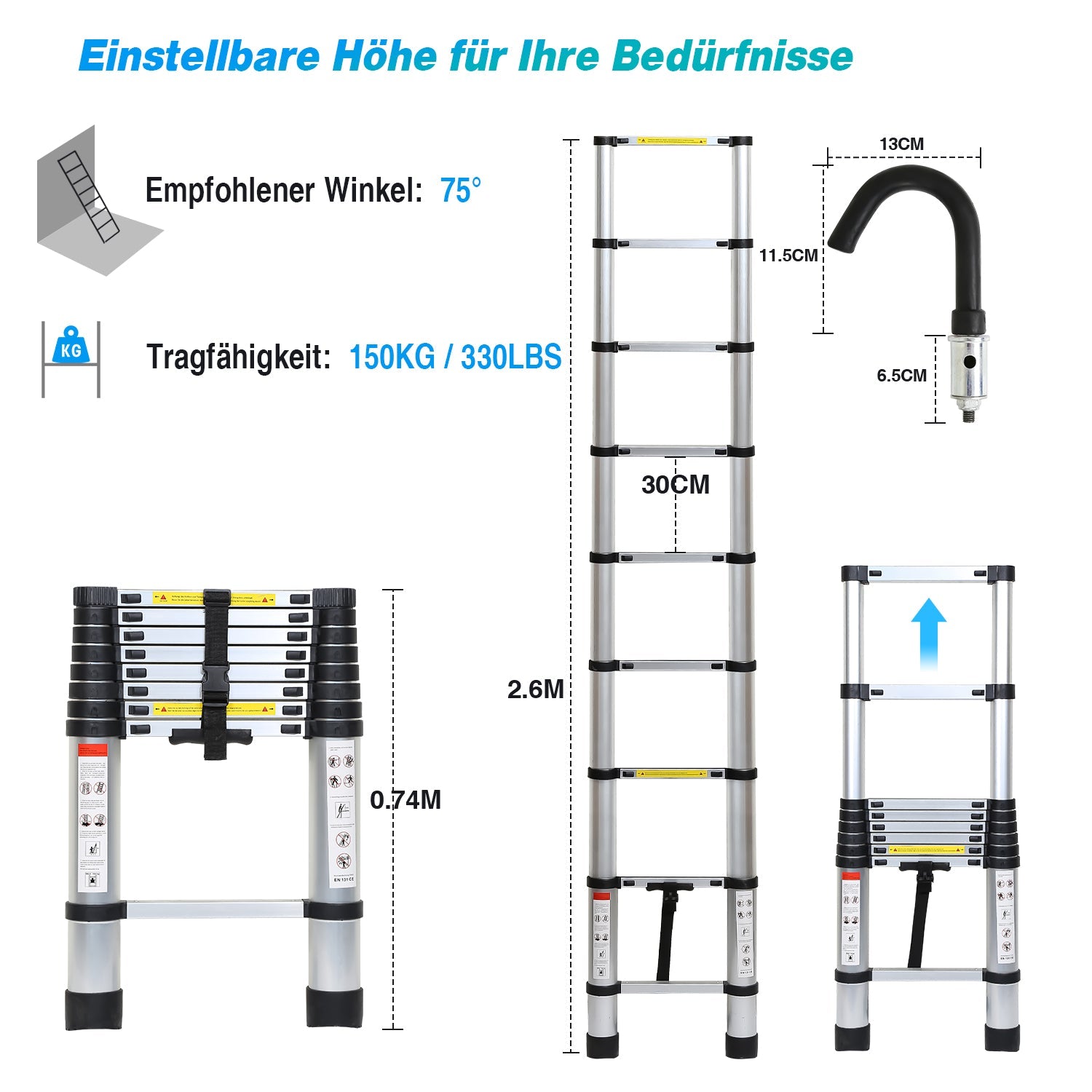 Cosmo Go Teleskopleiter mit 2 Abnehmbarem Haken