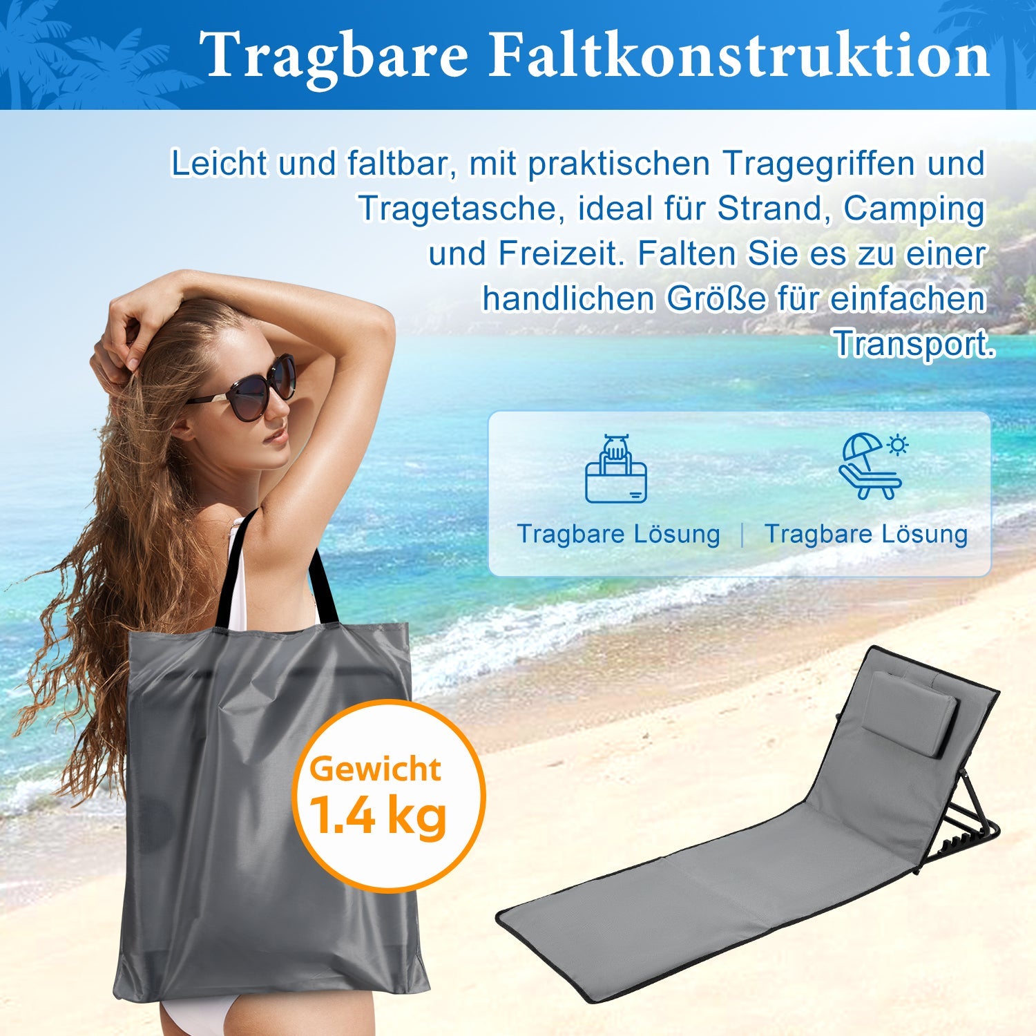 Cosmo Go Strandliegen Tragbar Strandmatte mit Einstellbar Höhe 145cm