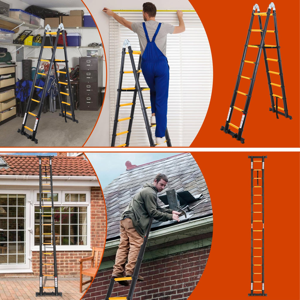 Cosmo Go 5M Alu Teleskopleiter Klappleiter mit Rädern und Dreiecksstabilisator Schwarz