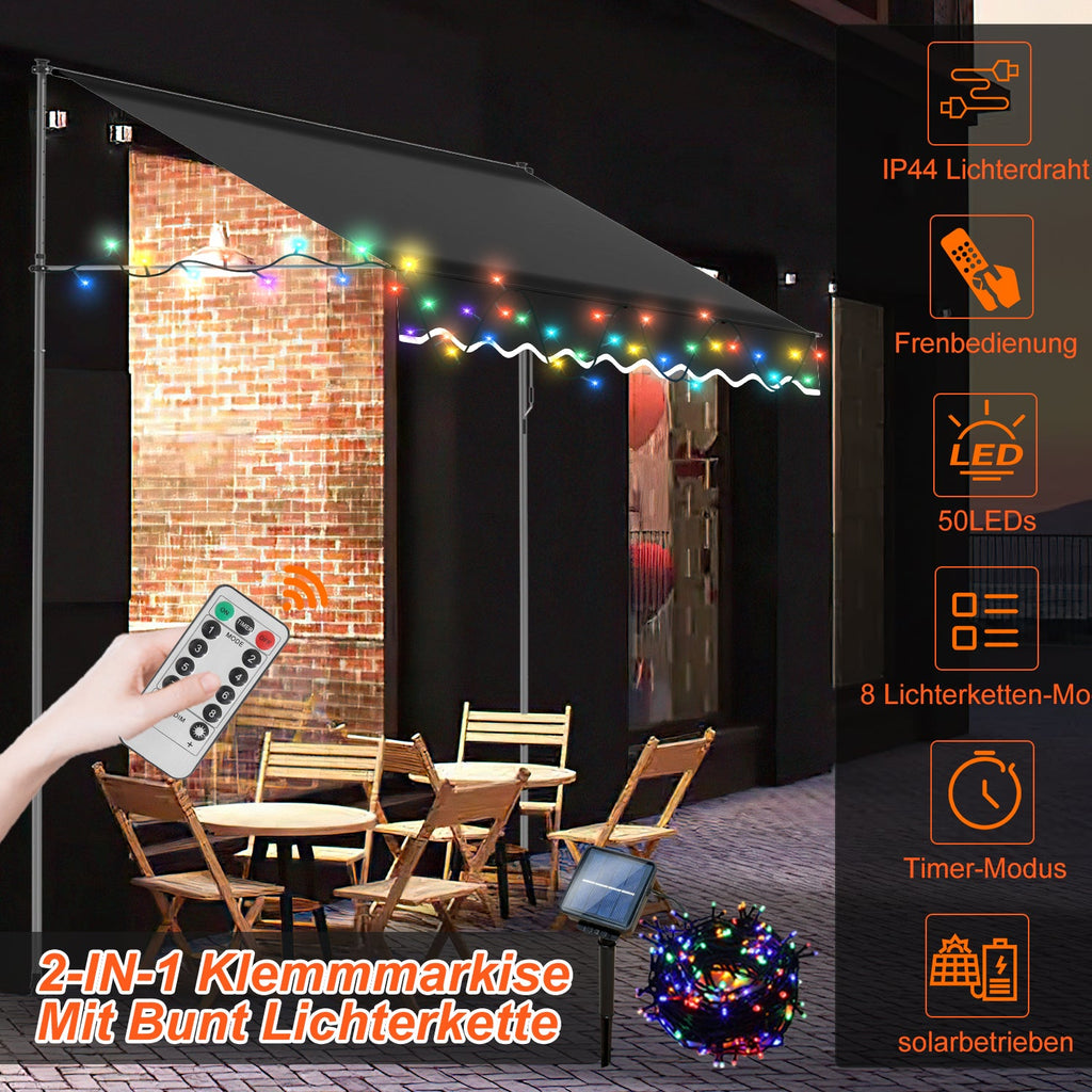 Cosmo Go Klemmmarkise mit Handkurbel mit Solar LED Lichtkette