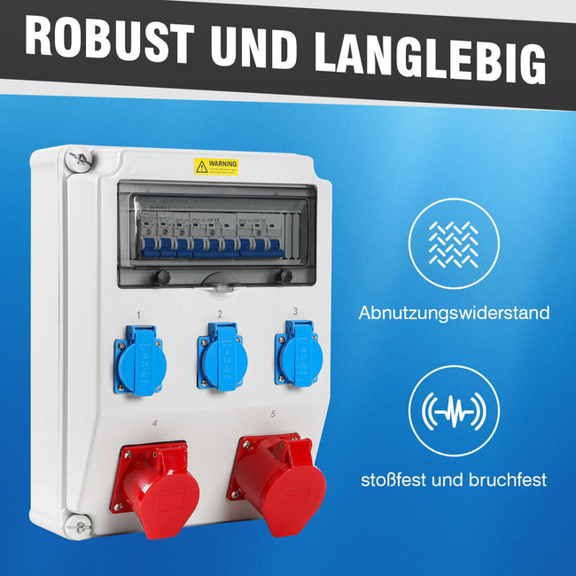 Cosmo Go Baustromverteiler mit Leitungsschutzschalter,5 Polig Wandverteiler mit 3xSchuko-Steckdose und CEE-Steckdose 16/32A Main Image