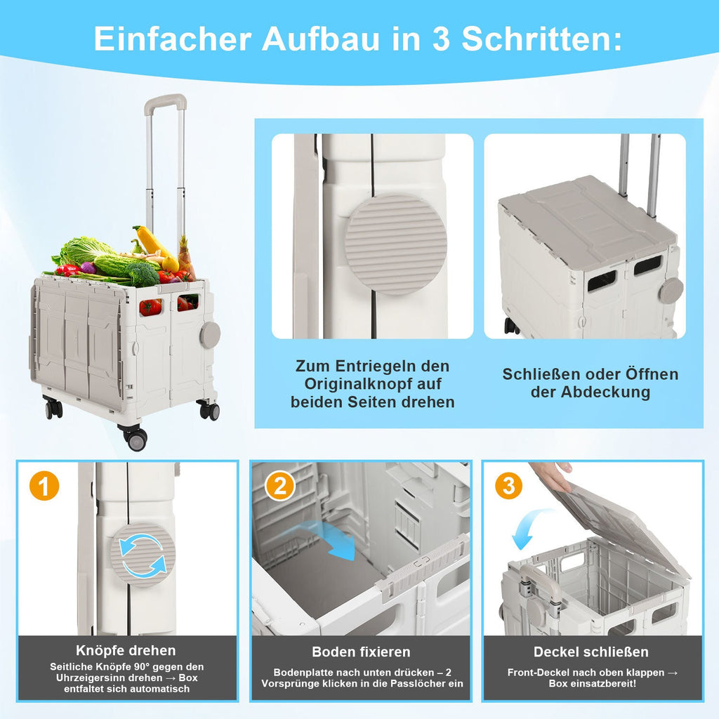 Cosmo Go Klappbarer Einkaufswagen 45L/50L mit Deckel