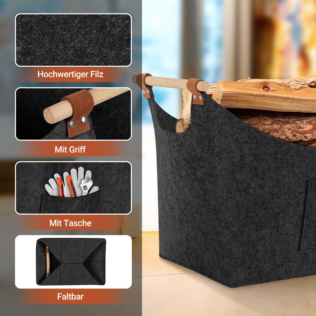 Cosmo Go Filzkorb Brennholztasche mit Holzgriffen 80L
