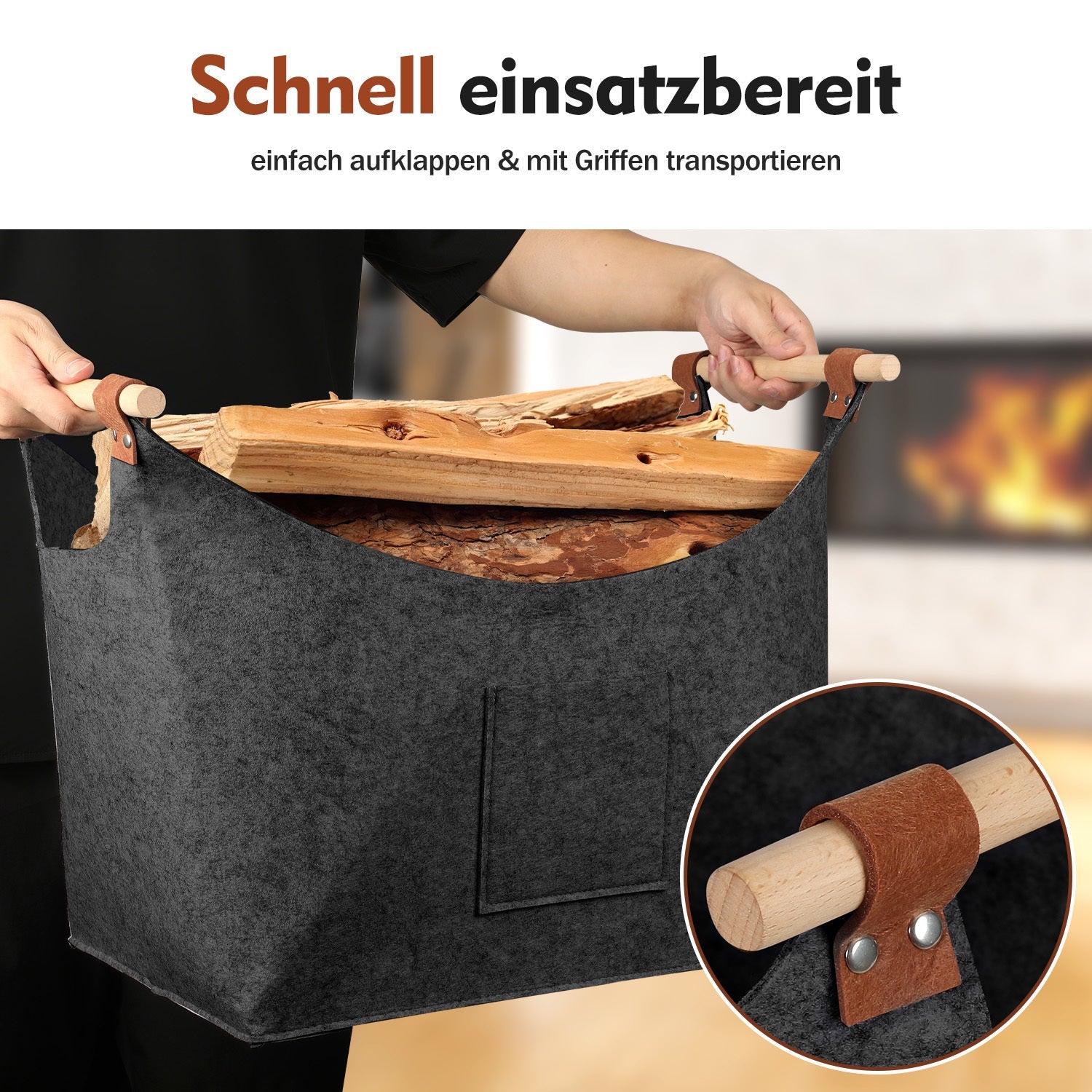 Cosmo Go Filzkorb Brennholztasche mit Holzgriffen 80L