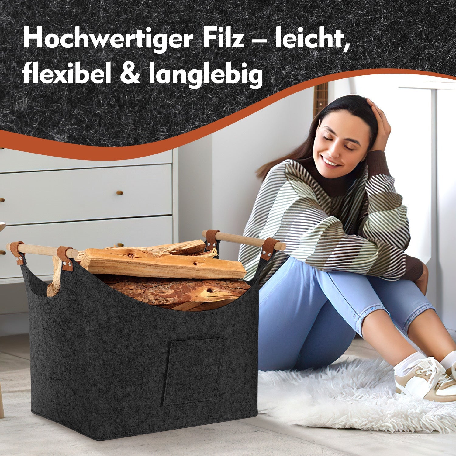Cosmo Go Filzkorb Brennholztasche mit Holzgriffen 80L