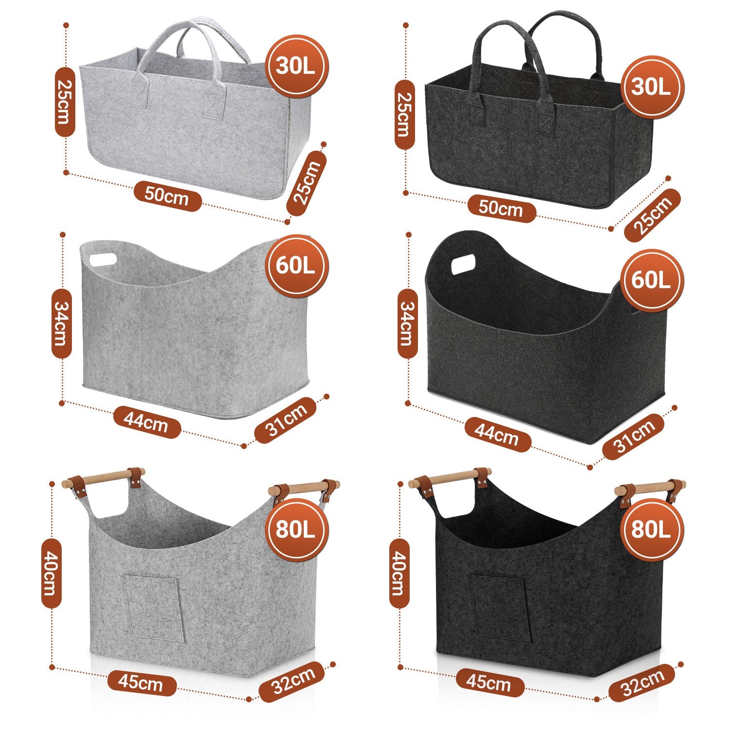 Cosmo Go Filzkorb Brennholztasche mit Holzgriffen 80L