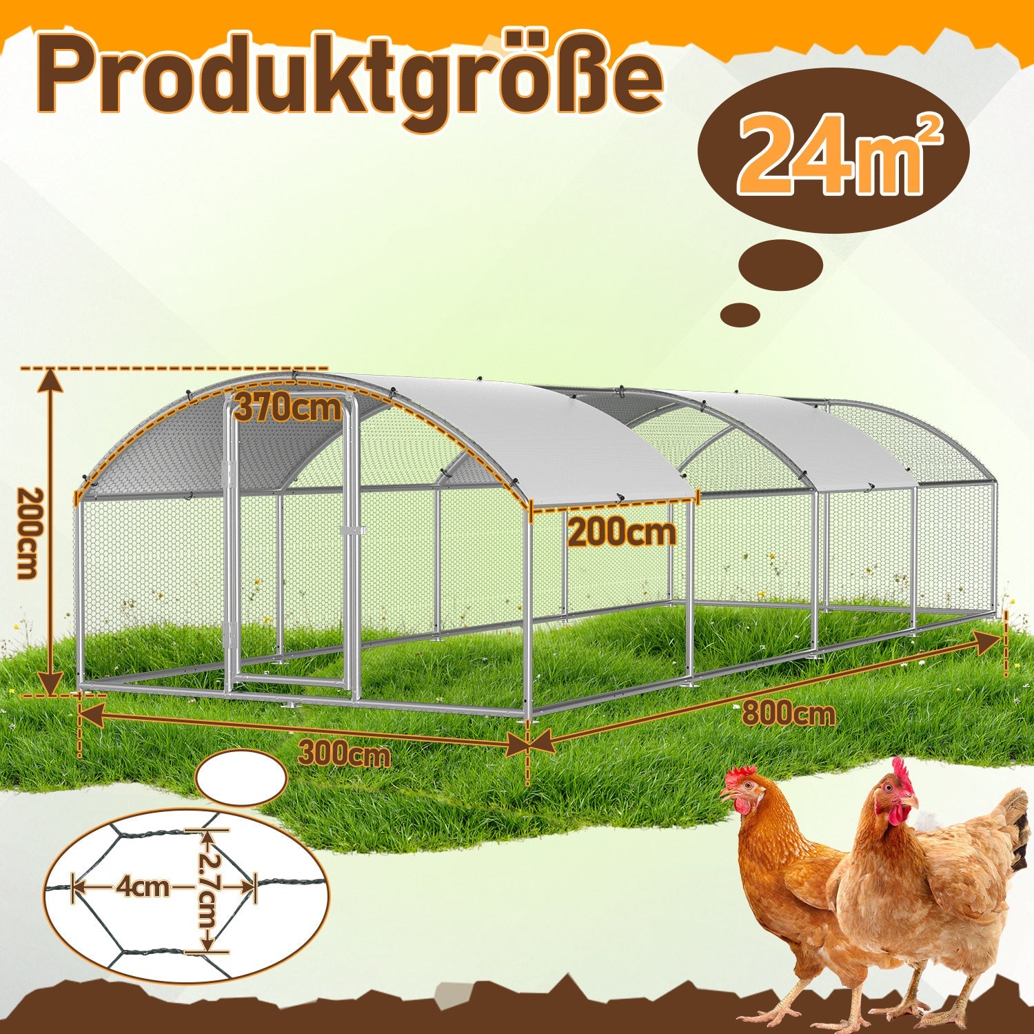 Cosmo Go Hühnerstall Freilaufgehege Kuppeldach Verzinktem Stahl 3x8x2m