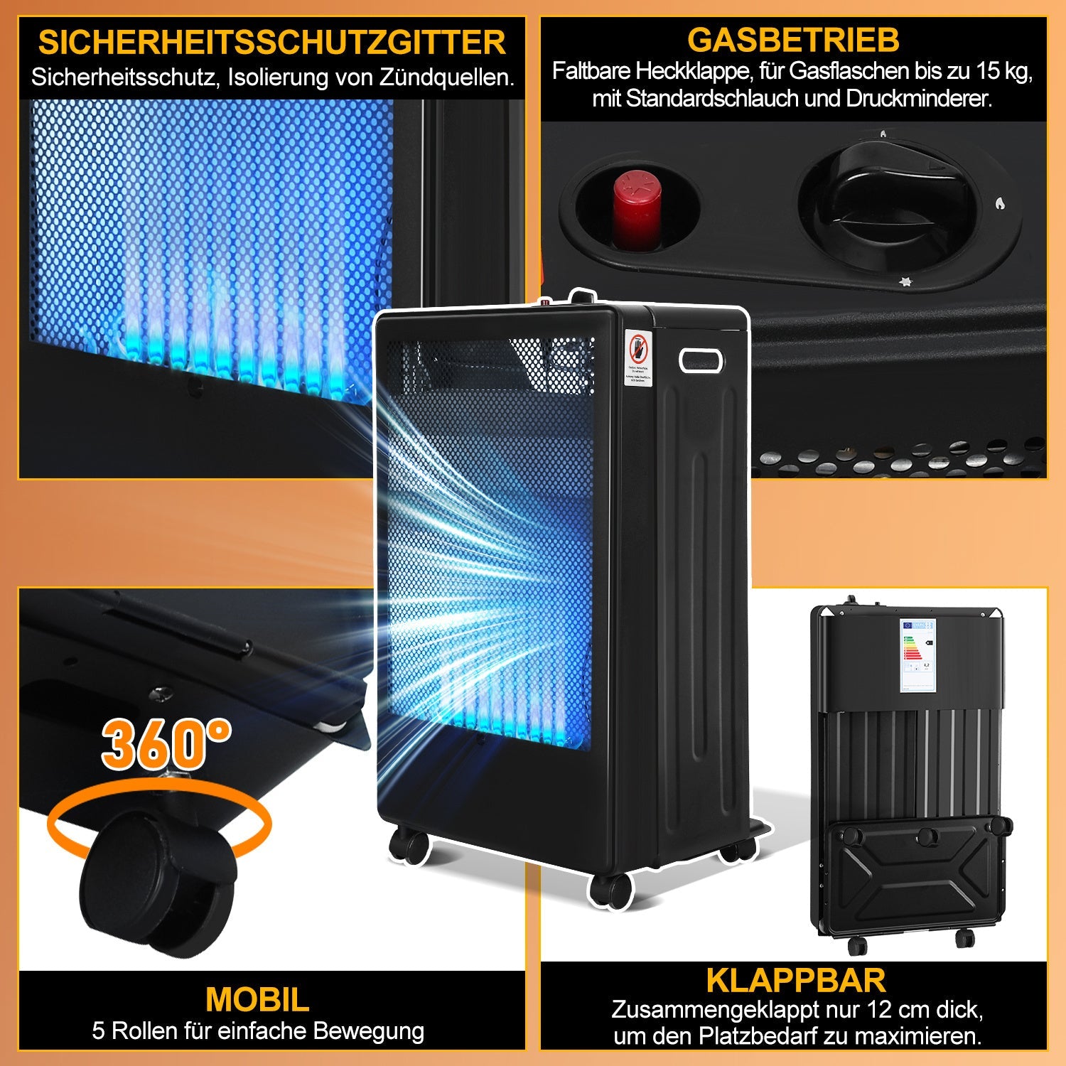 Cosmo Go Gasheizung 3800W Gasheizer für Gasflaschen Faltbarer