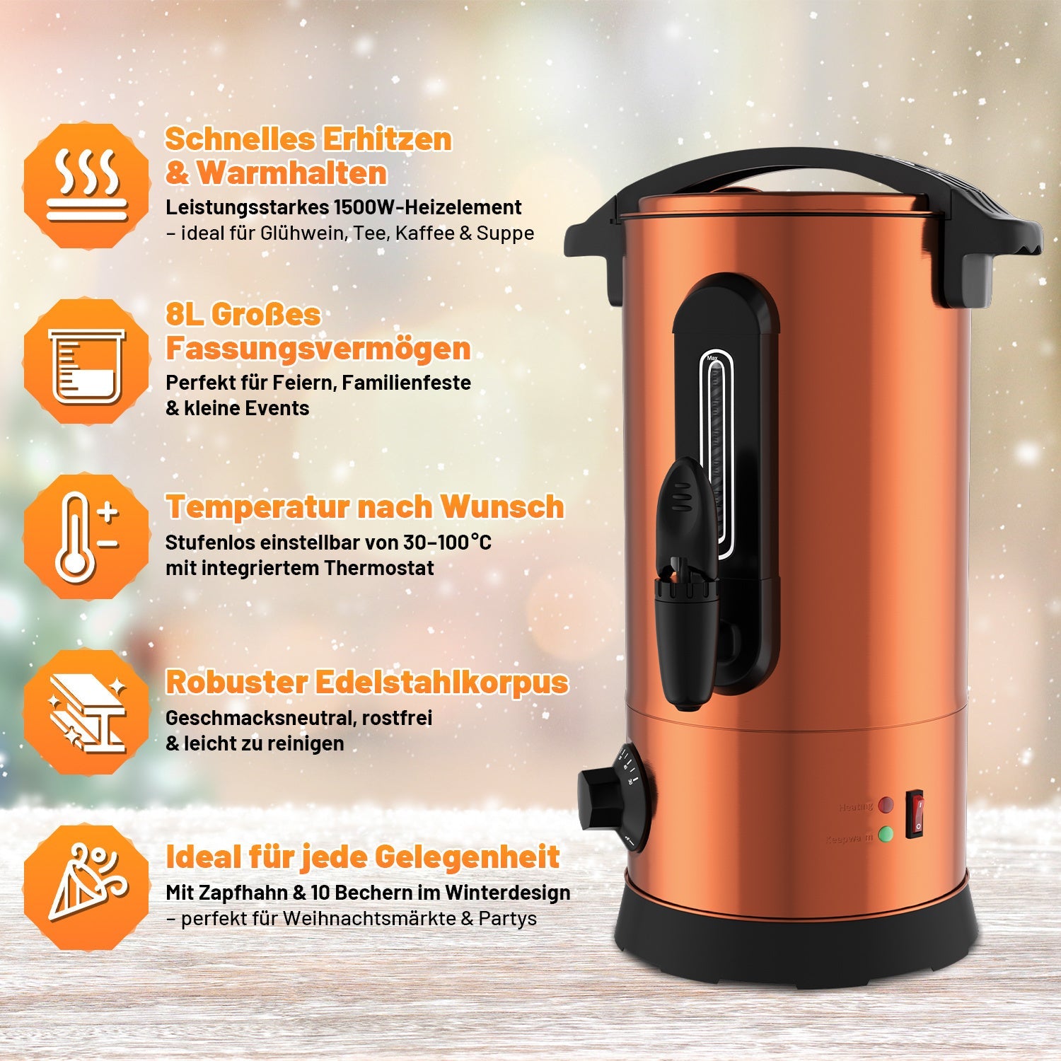 Cosmo Go 8 L Glühweinkocher Glühweinkessel inkl. 10 Tassen, Kupferfarbe