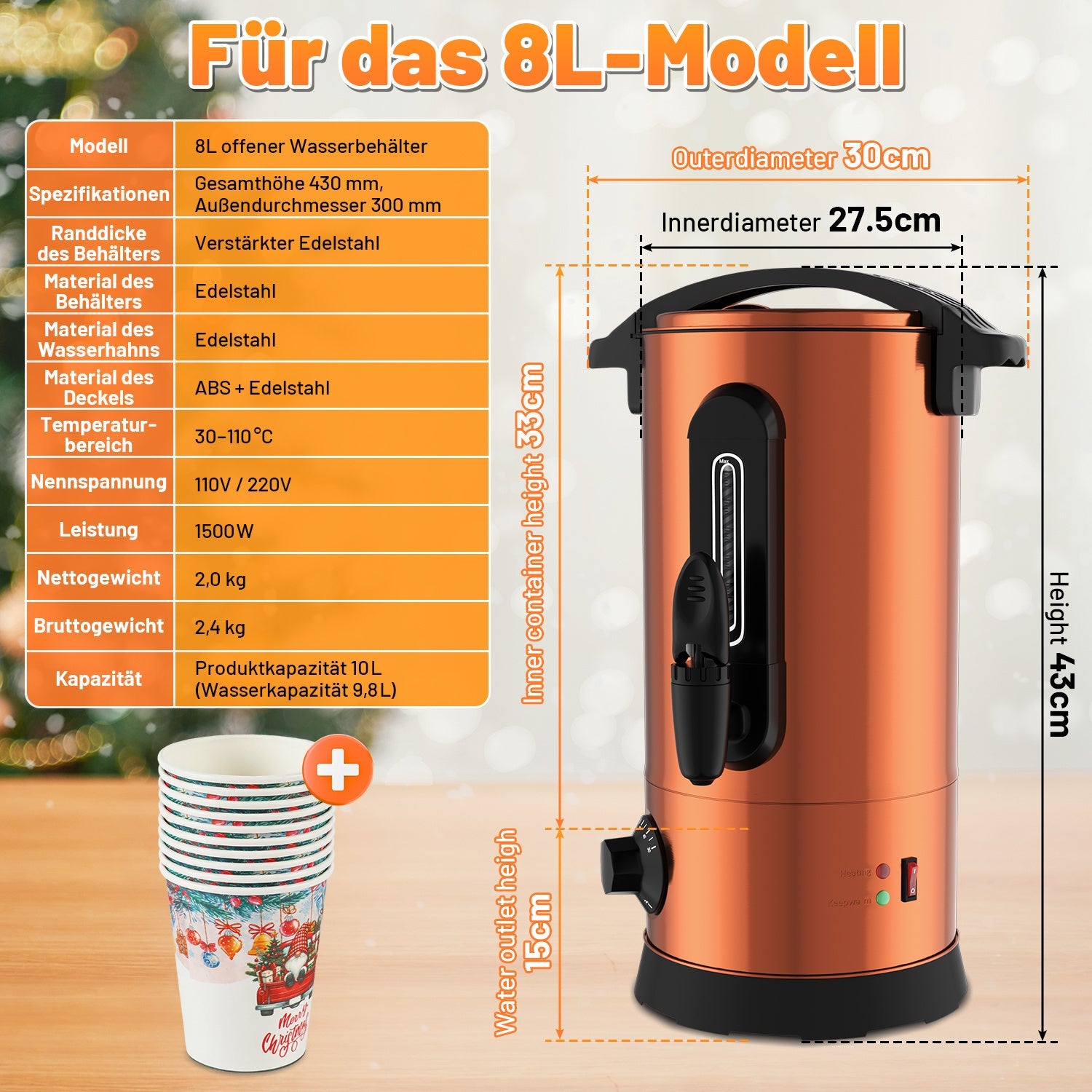 Cosmo Go 8 L Glühweinkocher Glühweinkessel inkl. 10 Tassen, Kupferfarbe