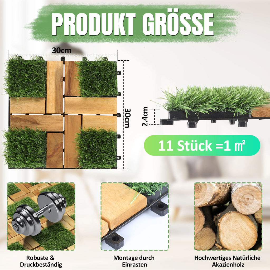 Cosmo Go Holzfliesen Balkonfliesen mit Grass 30x30cm 11 Fliesen