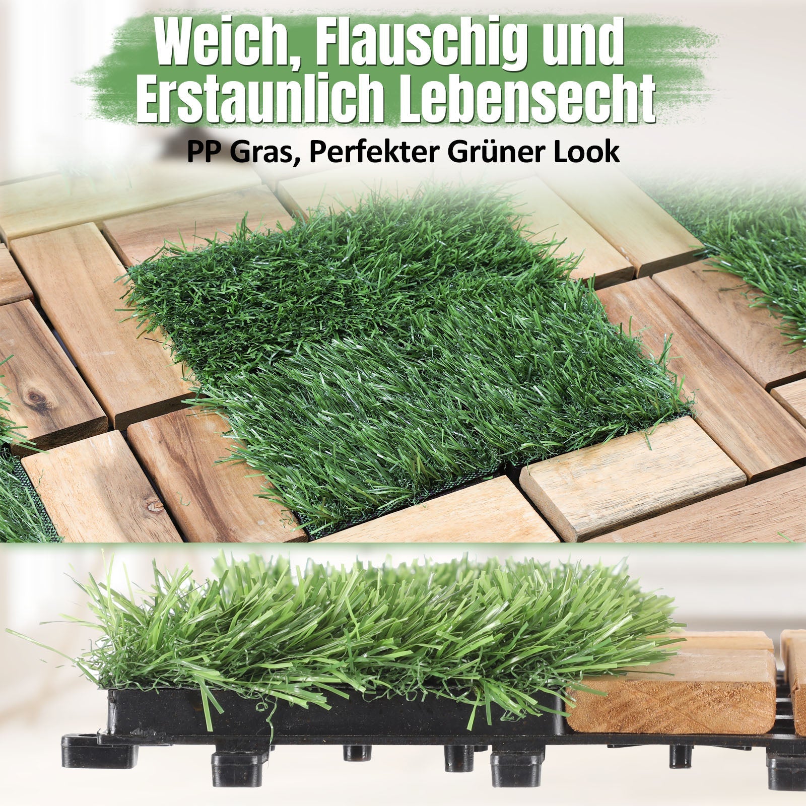 Cosmo Go Holzfliesen Balkonfliesen mit Grass 30x30cm 11 Fliesen