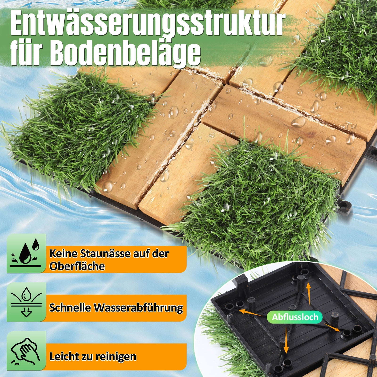 Cosmo Go Holzfliesen Balkonfliesen mit Grass 30x30cm 11 Fliesen