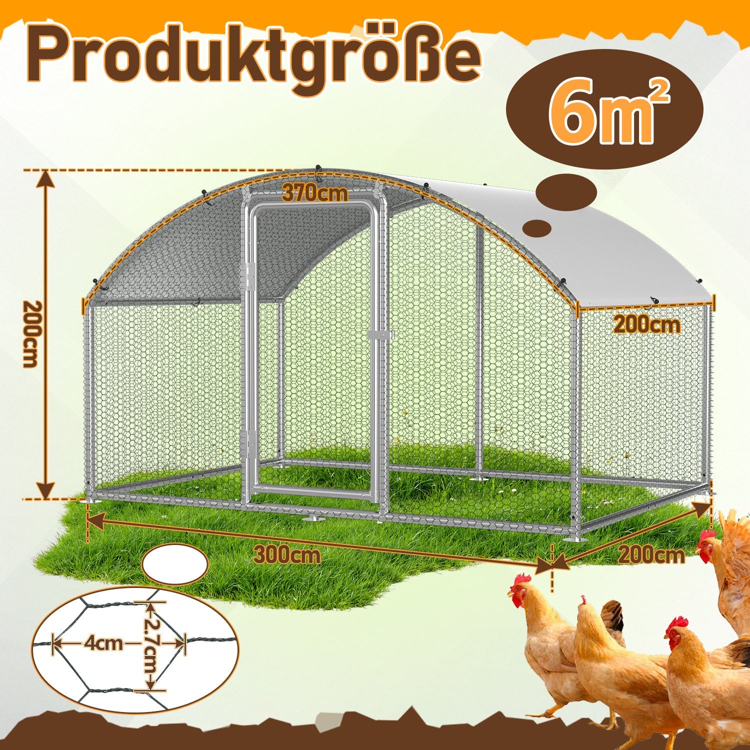 Cosmo Go Hühnerstall Freilaufgehege Kuppeldach Verzinktem Stahl 3x2x2m