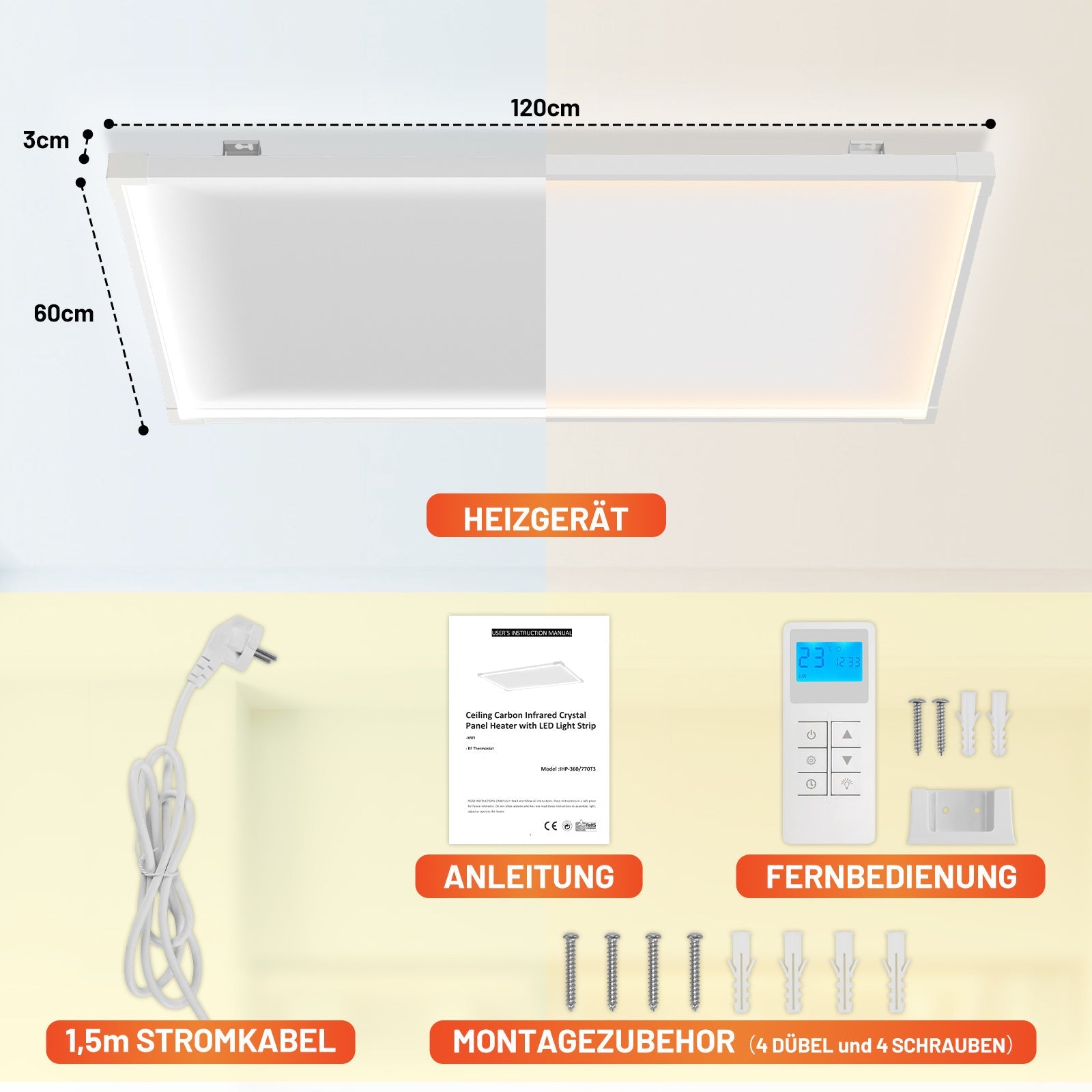 Cosmo Go Infrarotheizung Deckenheizung mit Licht 360/770W