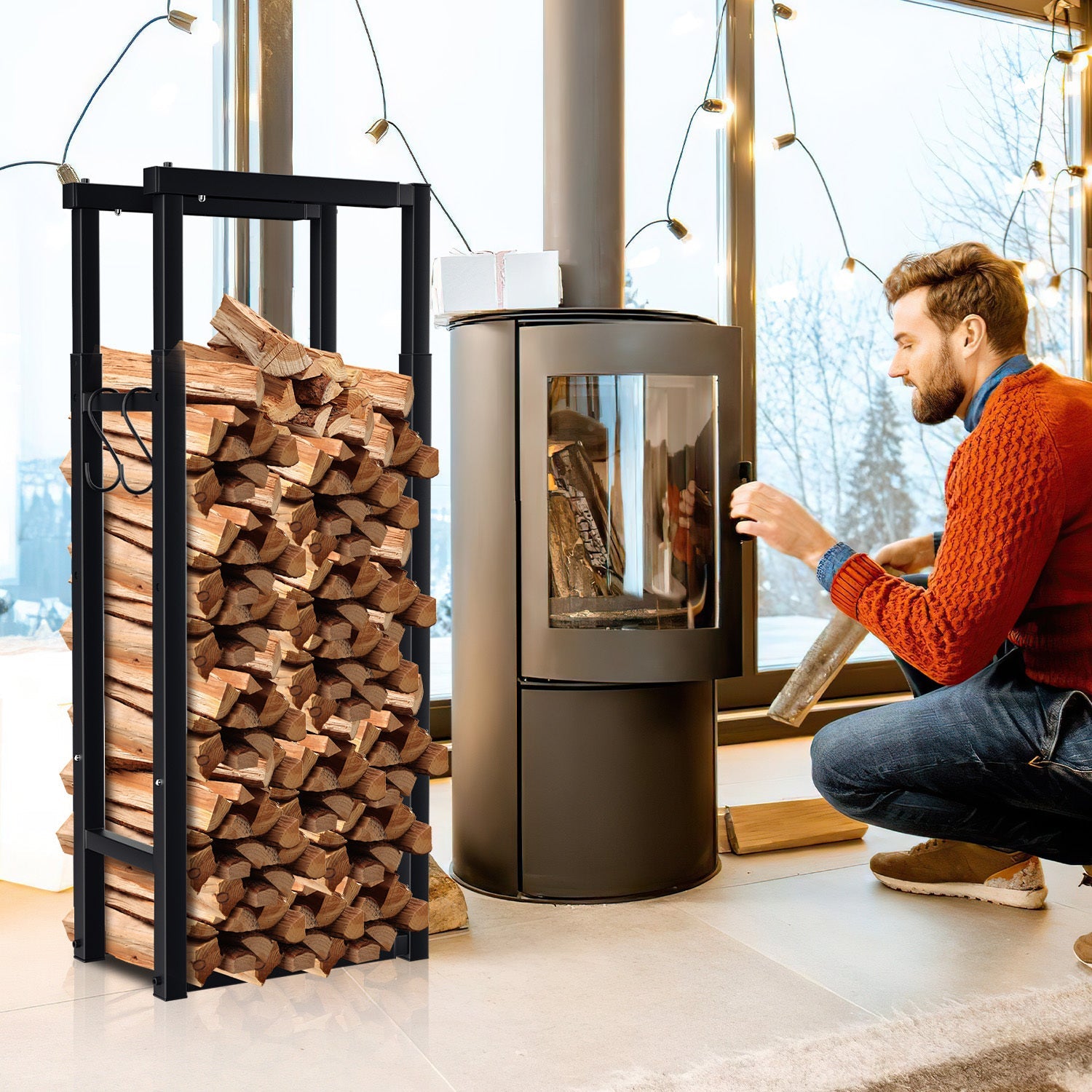 Cosmo Go Verstellbare Kaminholzregal Kaminholzständer mit 4 Haken