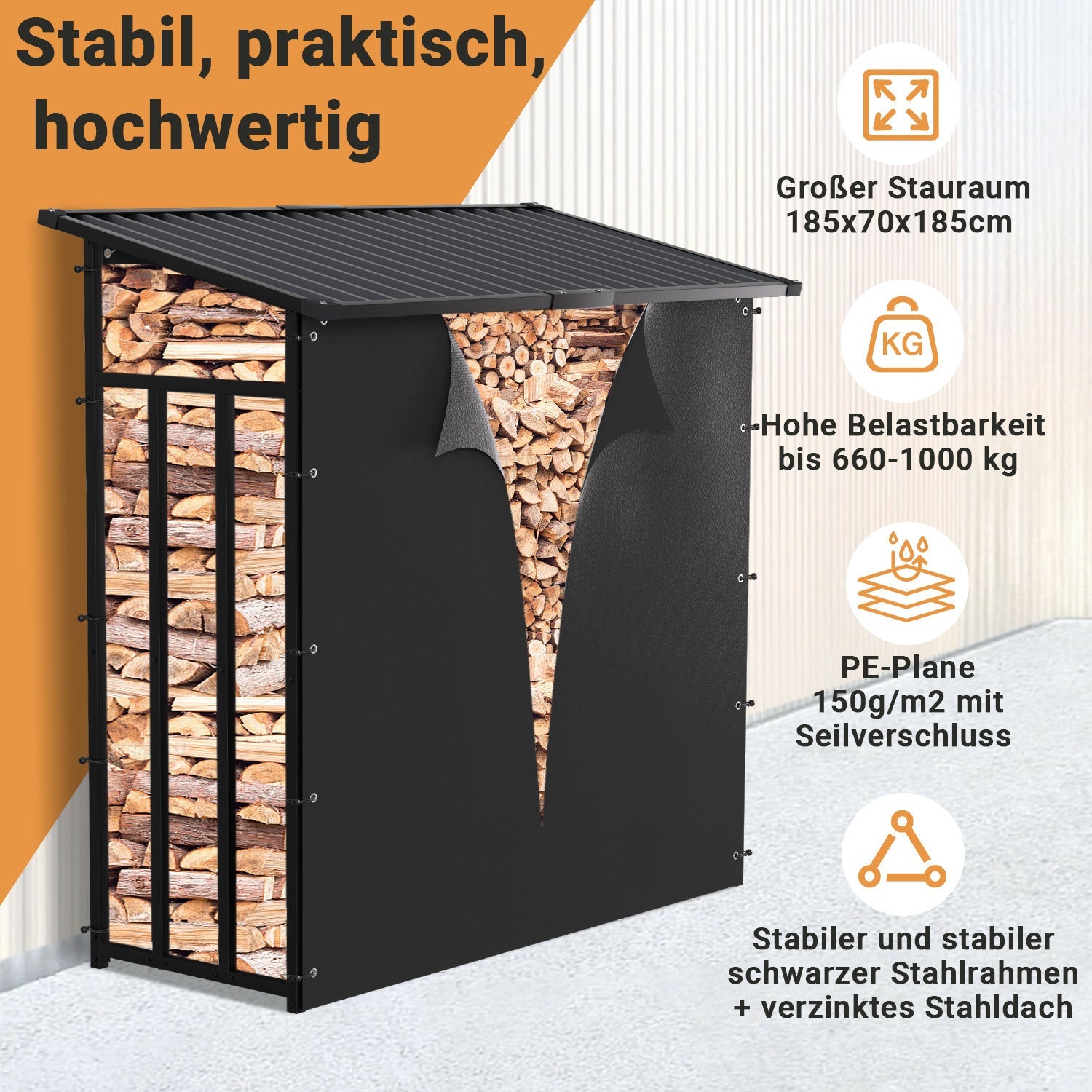 Cosmo Go Kaminholzregal Brennholzregal Metall 185x70x185cm mit Dach