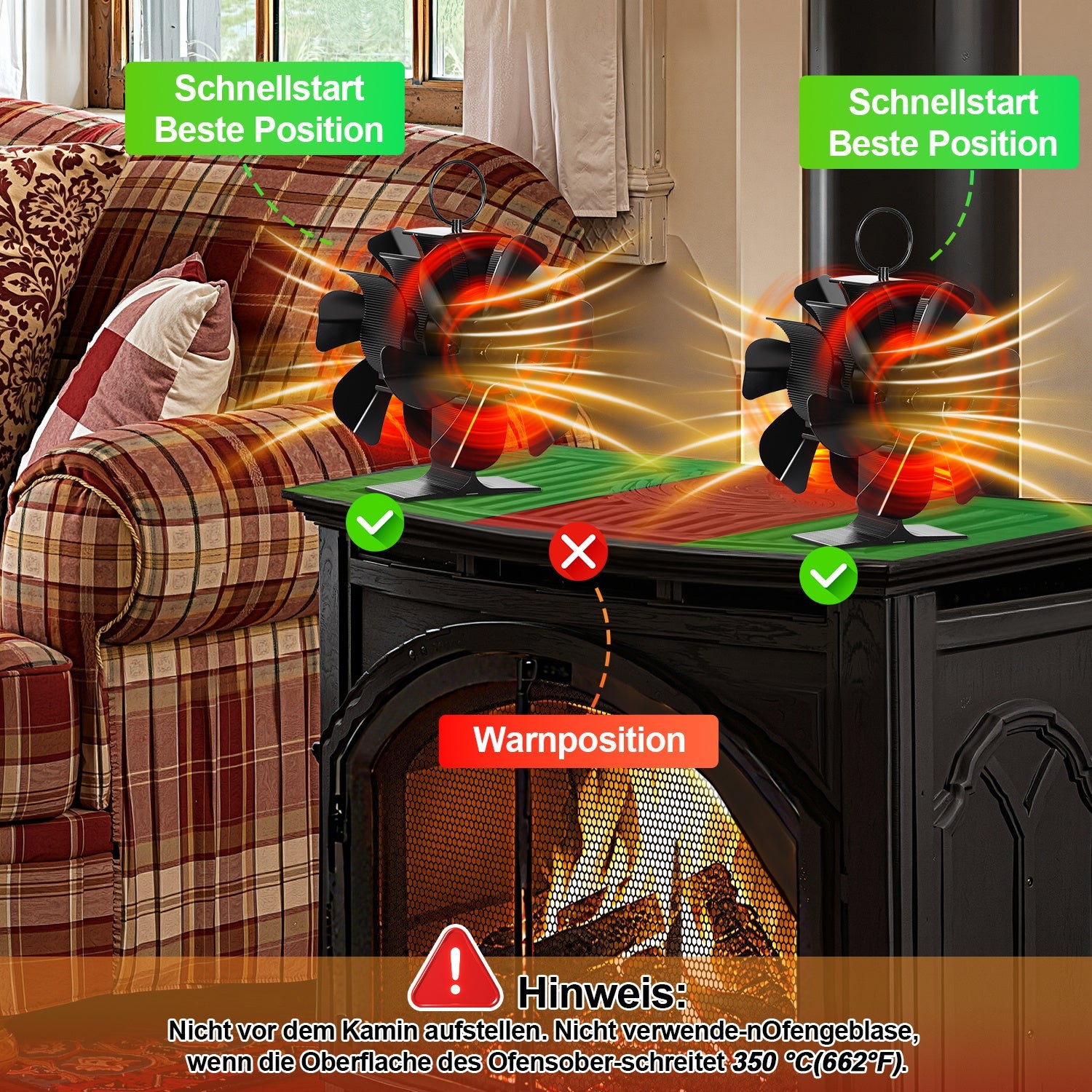 Cosmo Go Kaminventilator Ofenventilator 6-Blättern Doppelseitiger