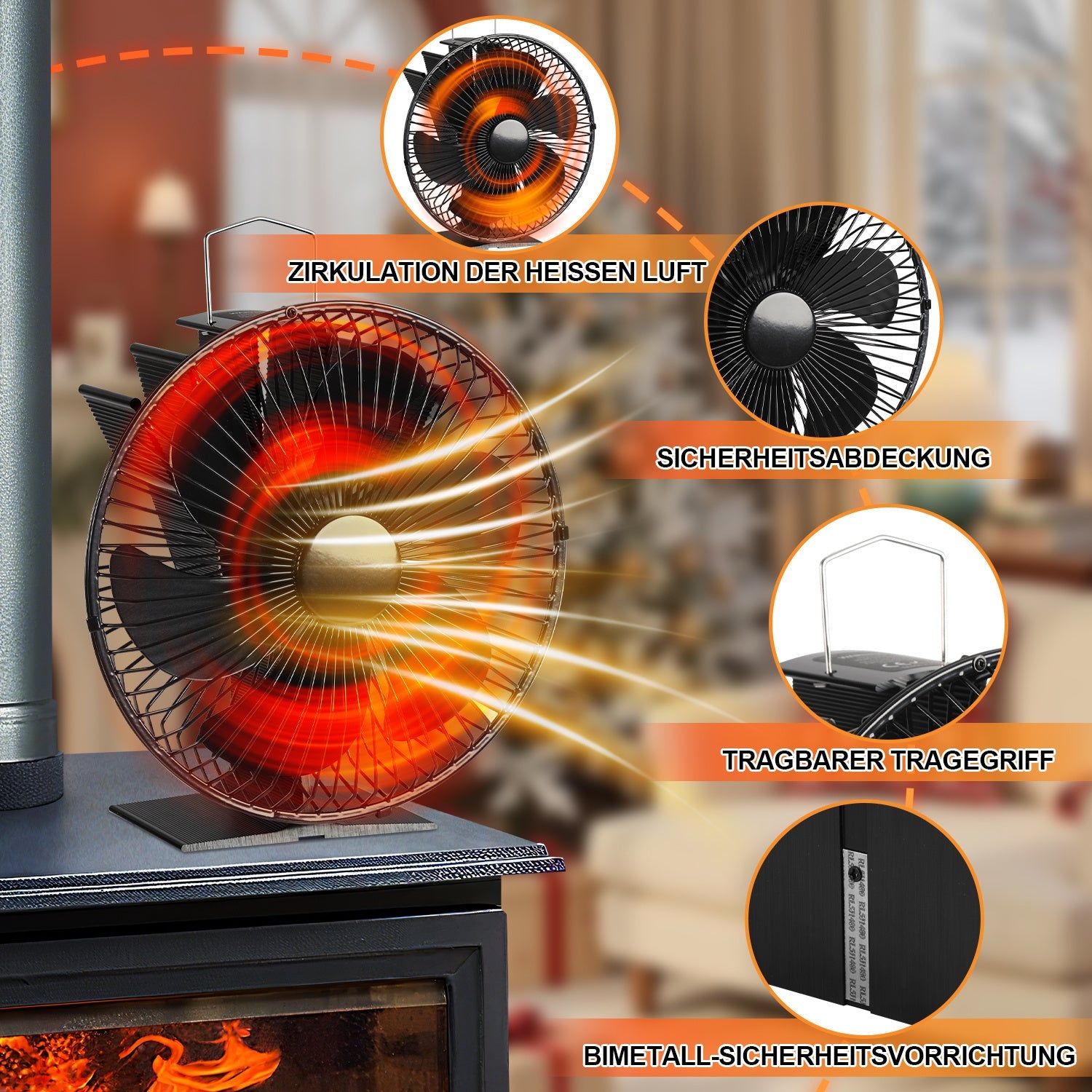 Cosmo Go Kaminventilator Ofenventilator 6-Blättern mit Schutzhülle
